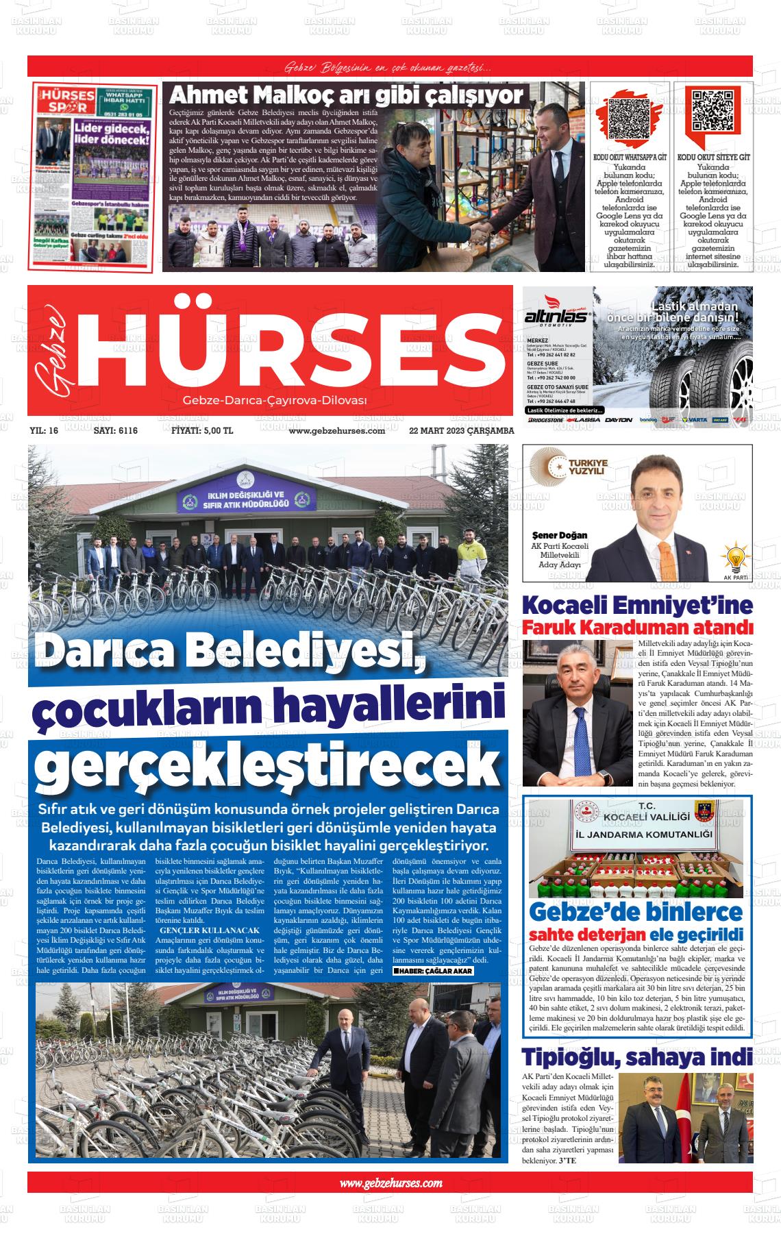 22 Mart 2023 Marmara  Gebze Gazete Manşeti