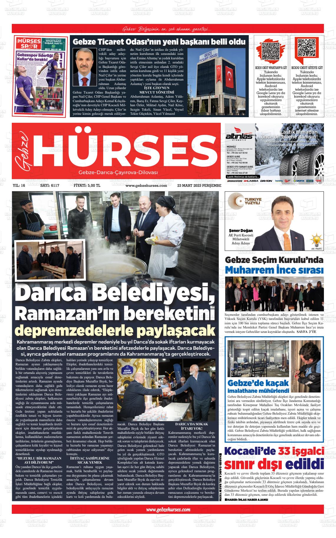 23 Mart 2023 Marmara  Gebze Gazete Manşeti