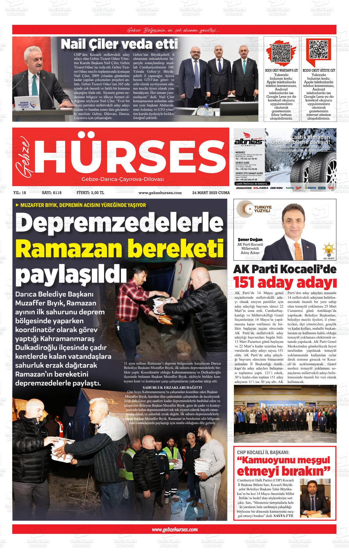 24 Mart 2023 Marmara  Gebze Gazete Manşeti