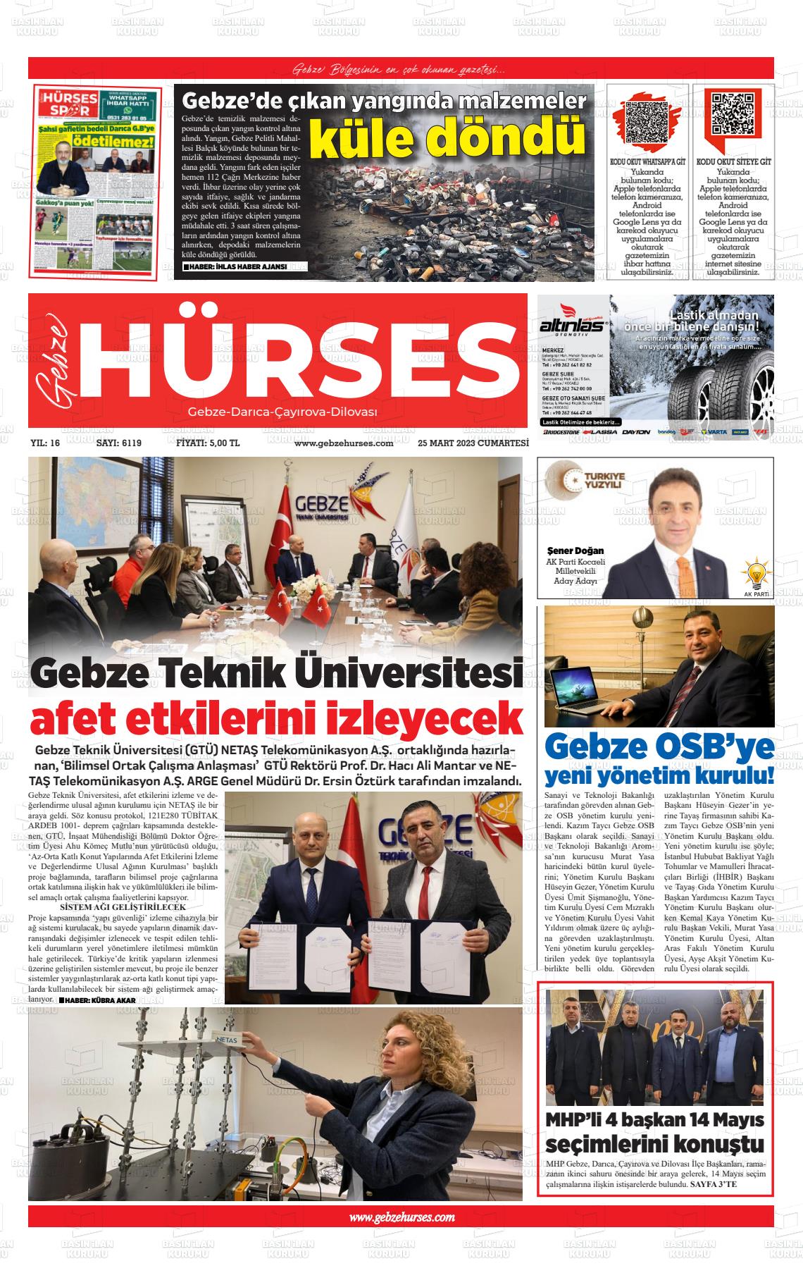 25 Mart 2023 Marmara  Gebze Gazete Manşeti