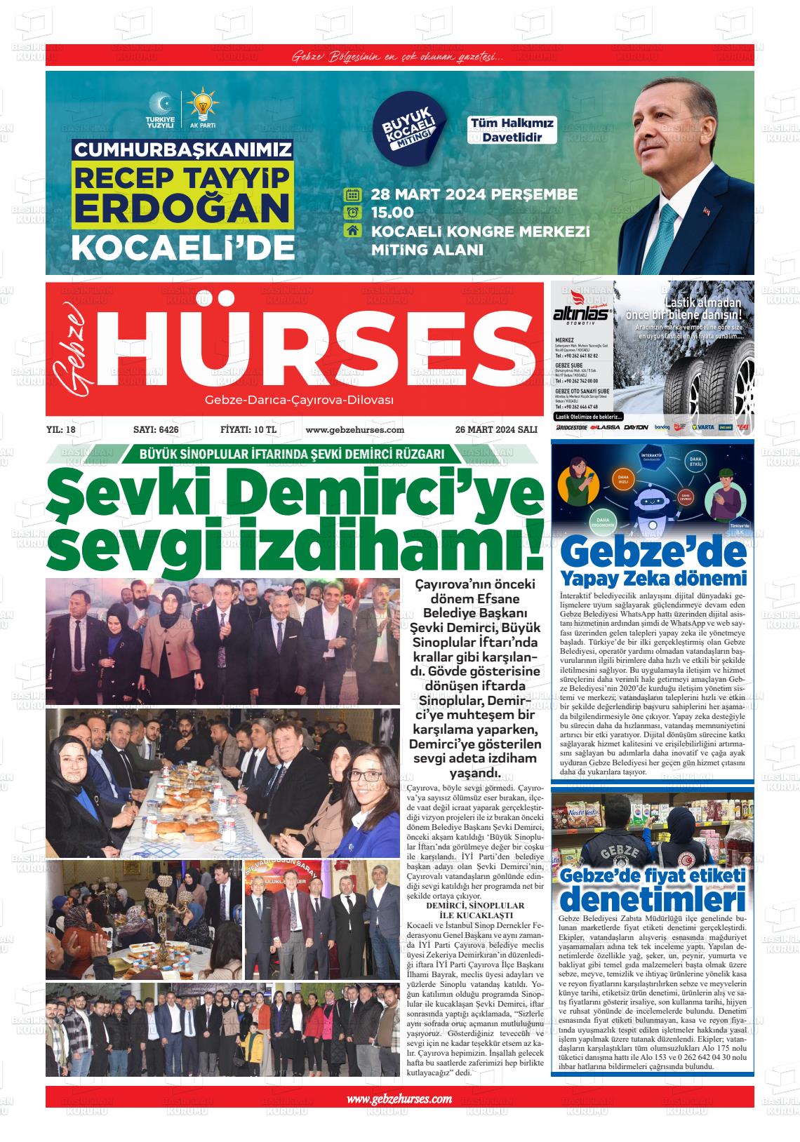 26 Mart 2024 Marmara  Gebze Gazete Manşeti