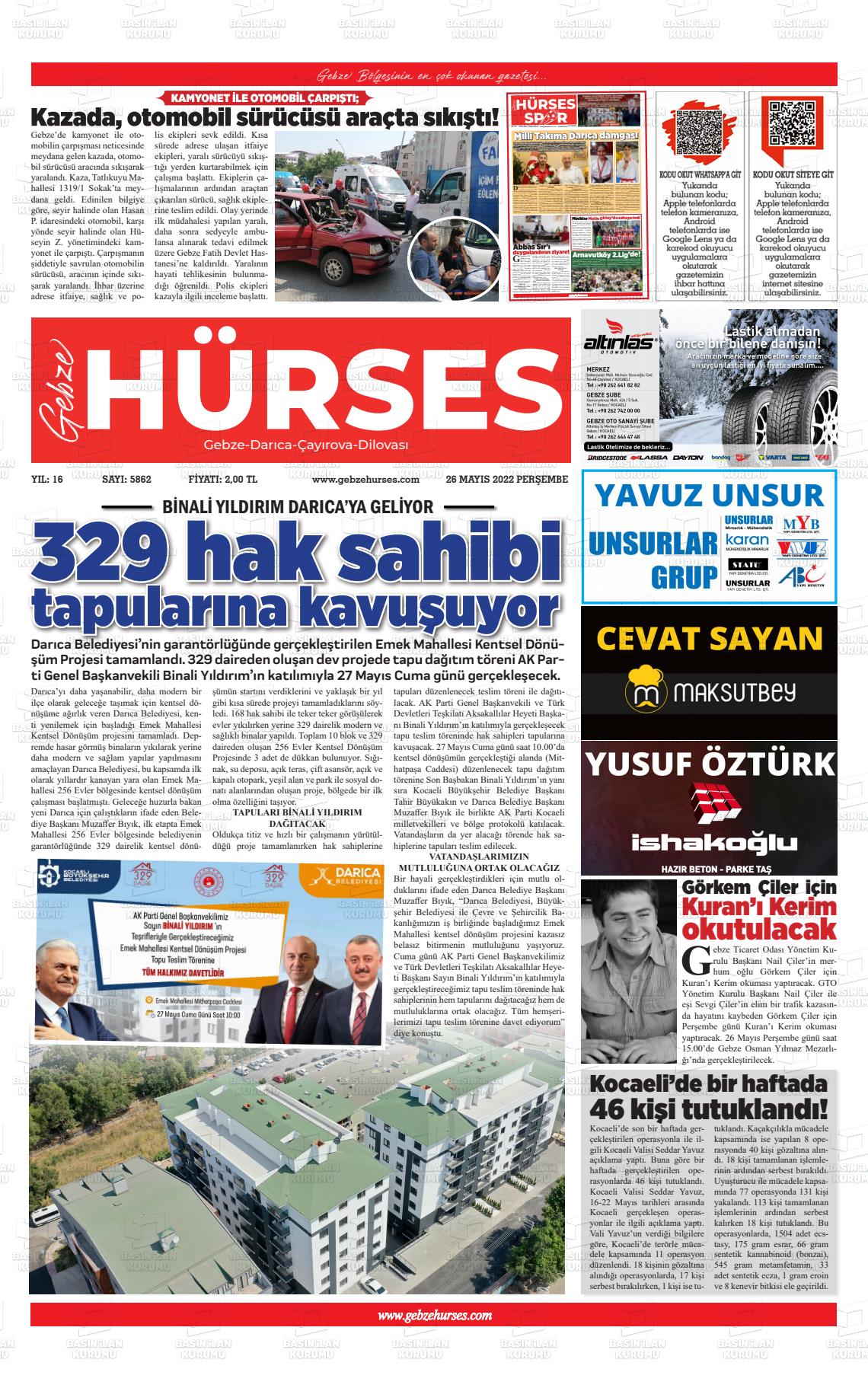 26 Mayıs 2022 Marmara  Gebze Gazete Manşeti