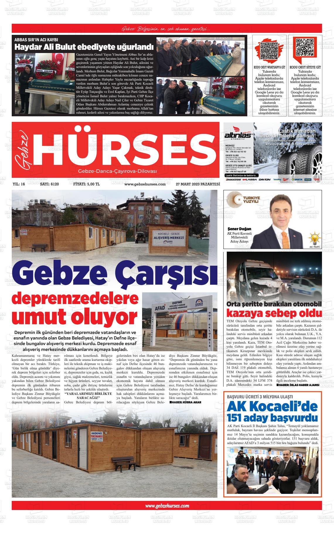 27 Mart 2023 Marmara  Gebze Gazete Manşeti