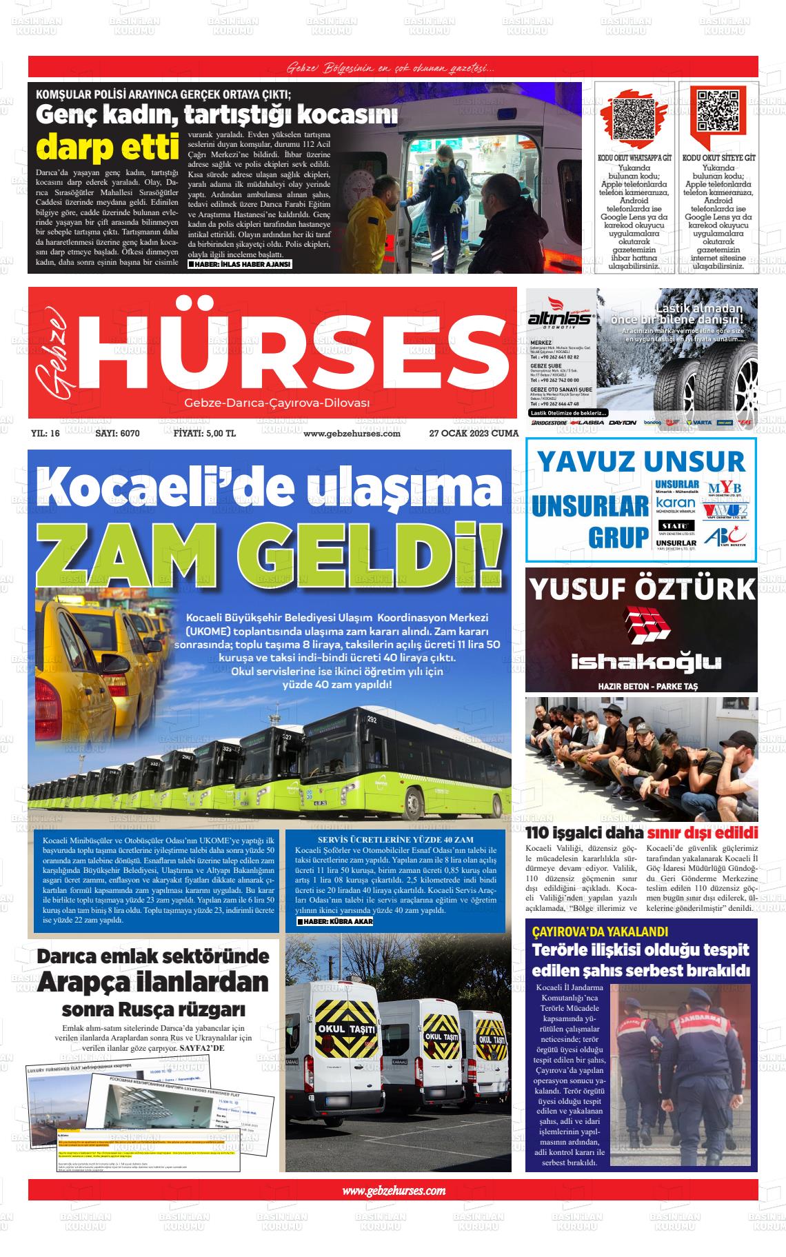 27 Ocak 2023 Marmara  Gebze Gazete Manşeti