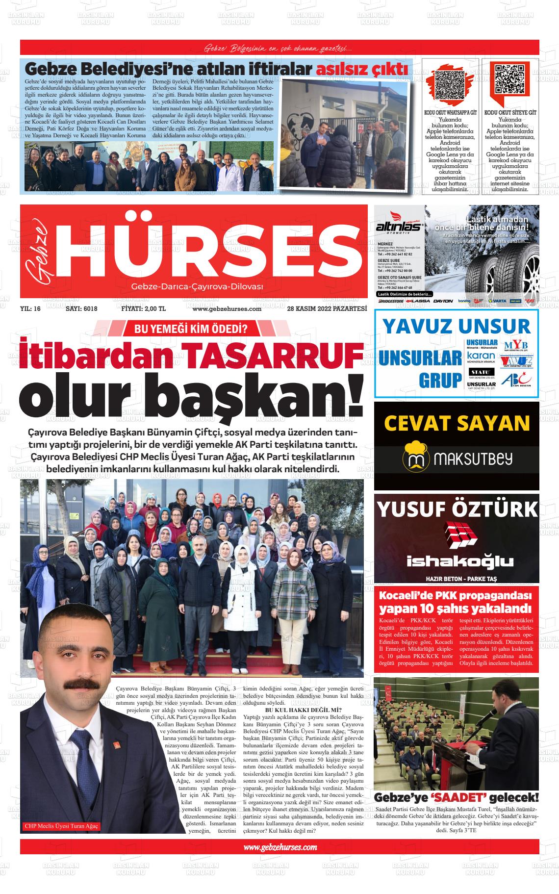 28 Kasım 2022 Marmara  Gebze Gazete Manşeti