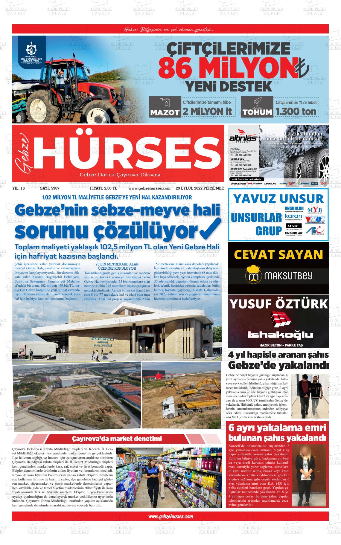 29 Eylül 2022 Marmara  Gebze Gazete Manşeti