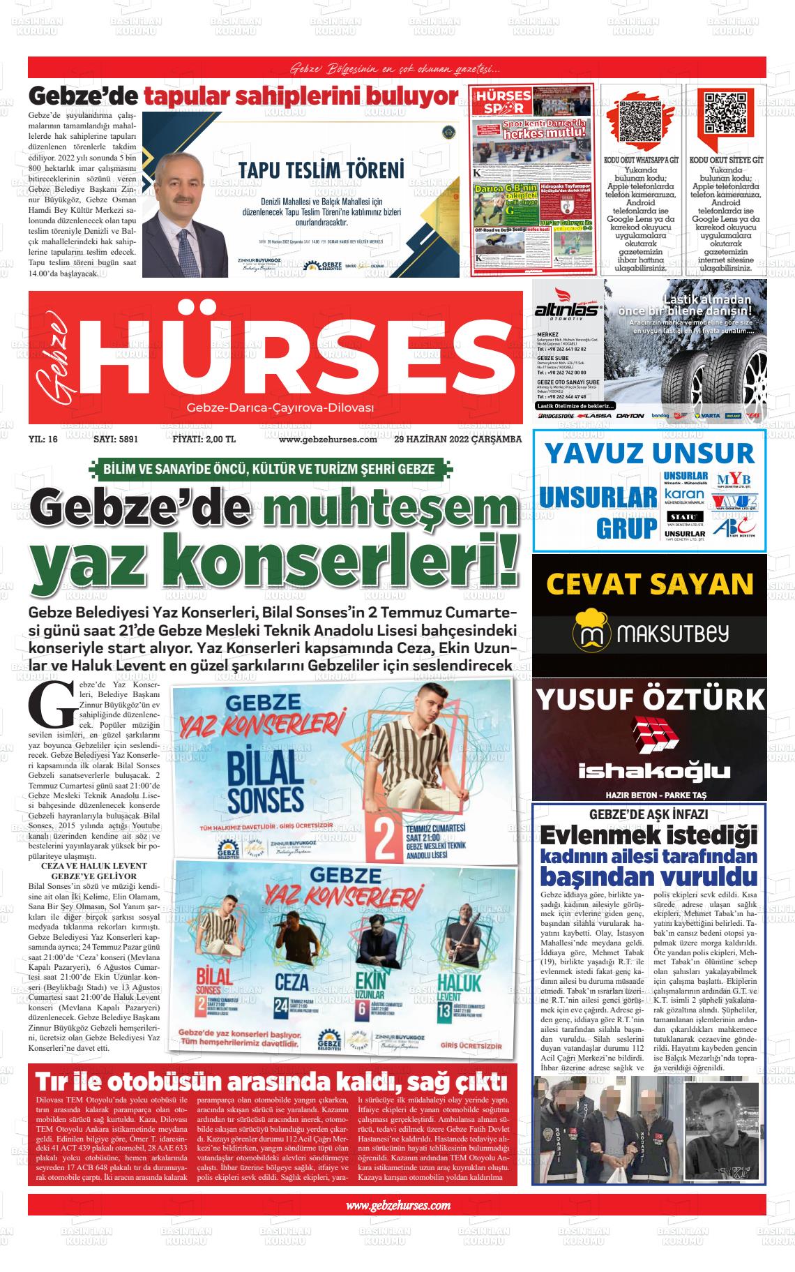 29 Haziran 2022 Marmara  Gebze Gazete Manşeti