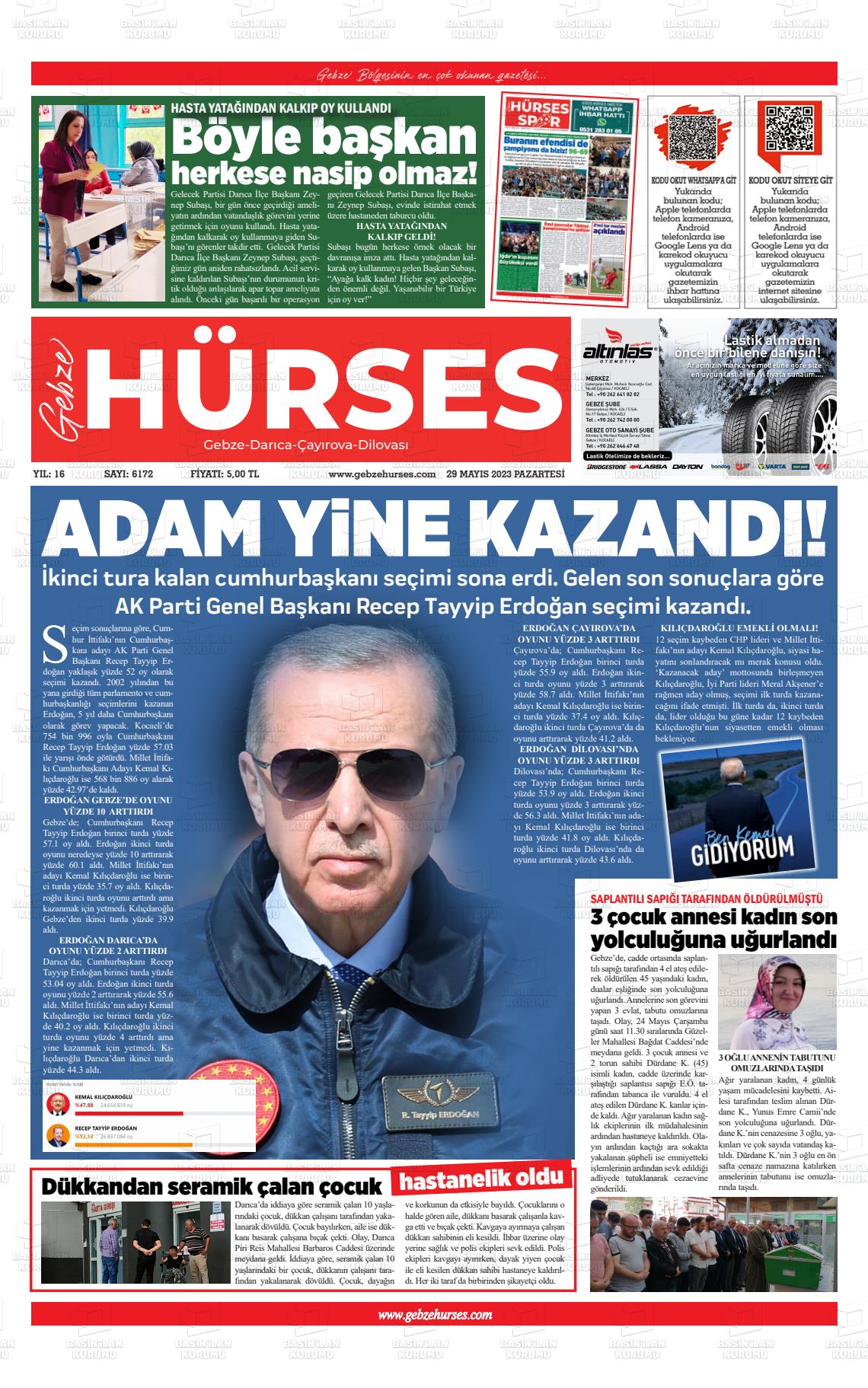 29 Mayıs 2023 Marmara  Gebze Gazete Manşeti