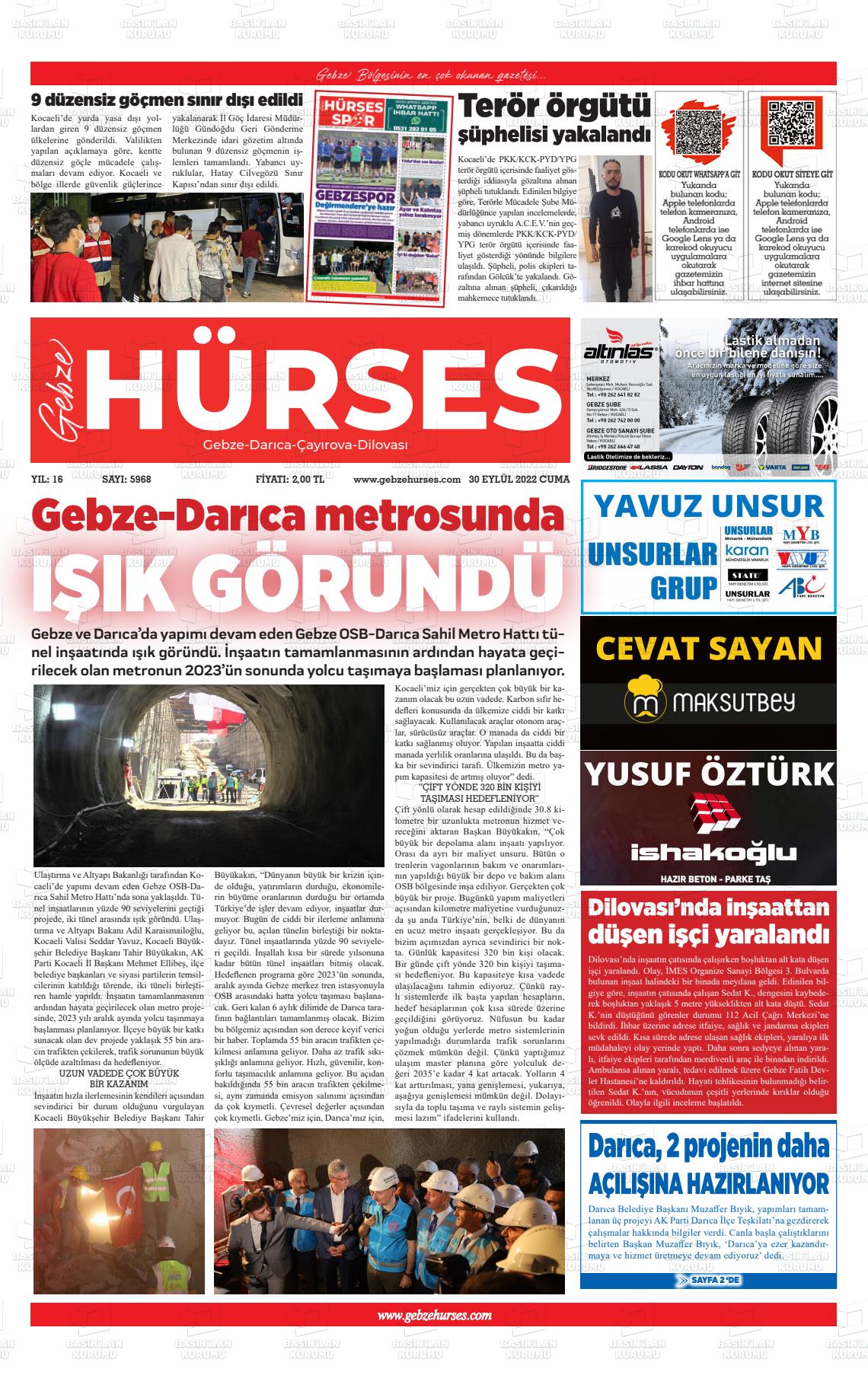 30 Eylül 2022 Marmara  Gebze Gazete Manşeti