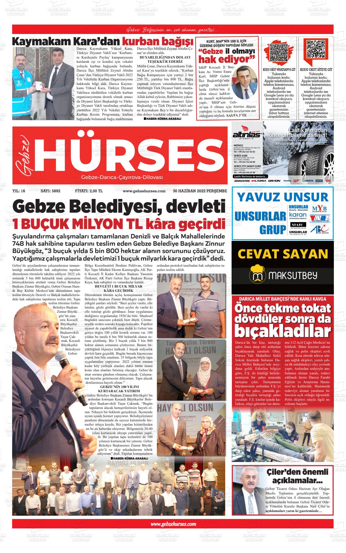 01 Temmuz 2022 Marmara  Gebze Gazete Manşeti