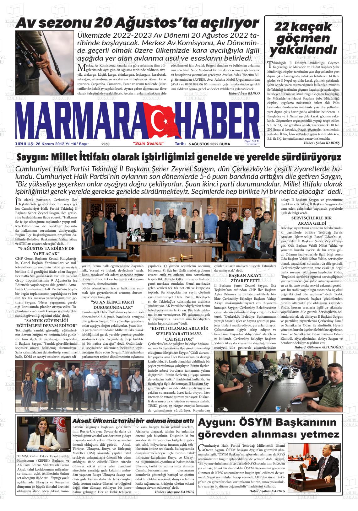 05 Ağustos 2022 Marmara Haber Gazete Manşeti