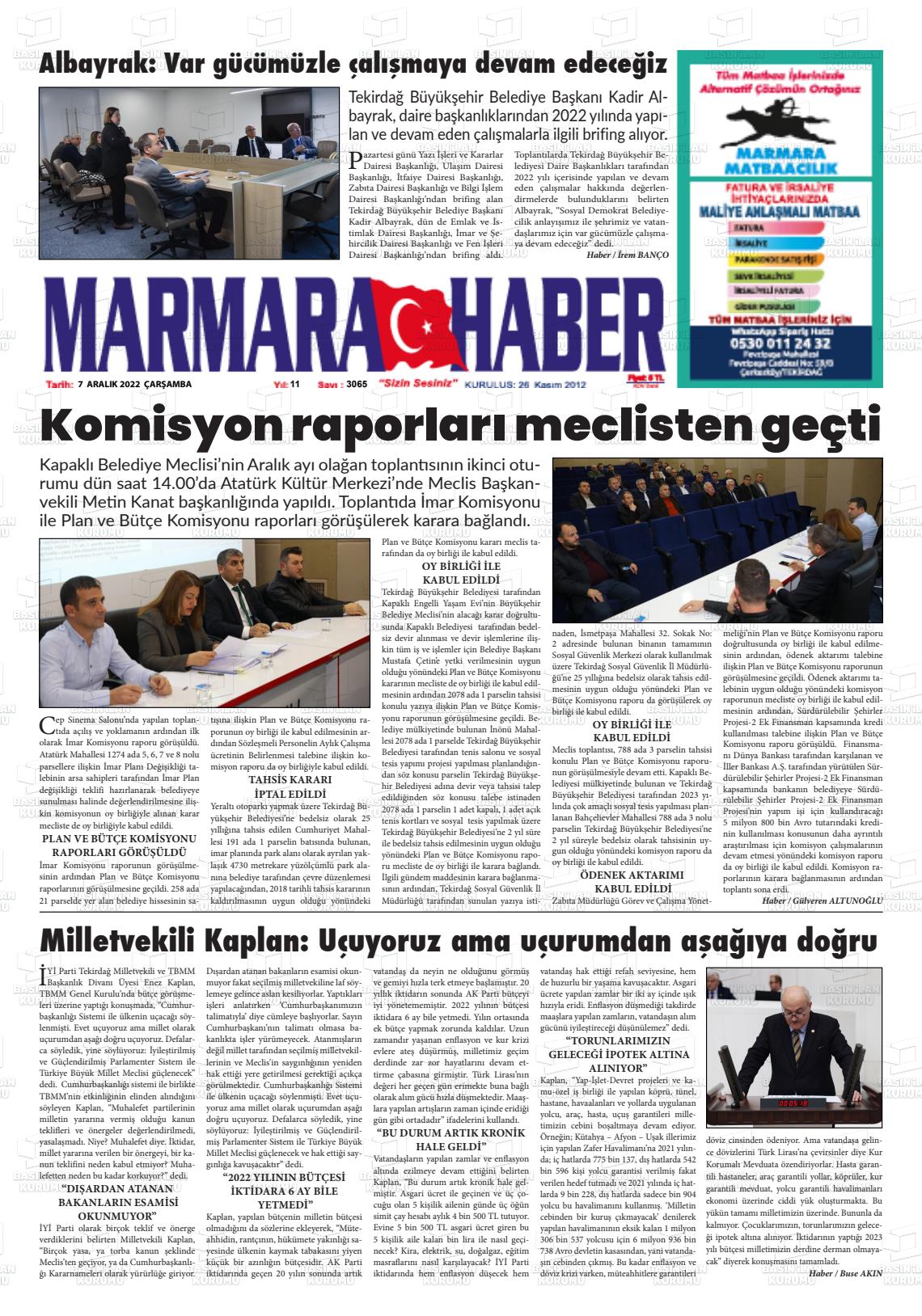 07 Aralık 2022 Marmara Haber Gazete Manşeti