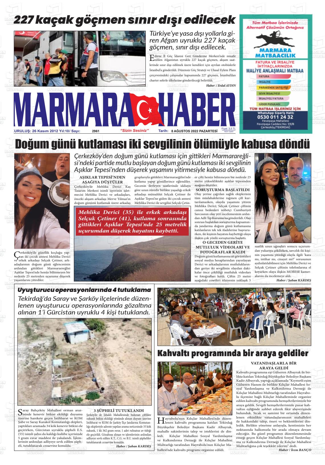 08 Ağustos 2022 Marmara Haber Gazete Manşeti