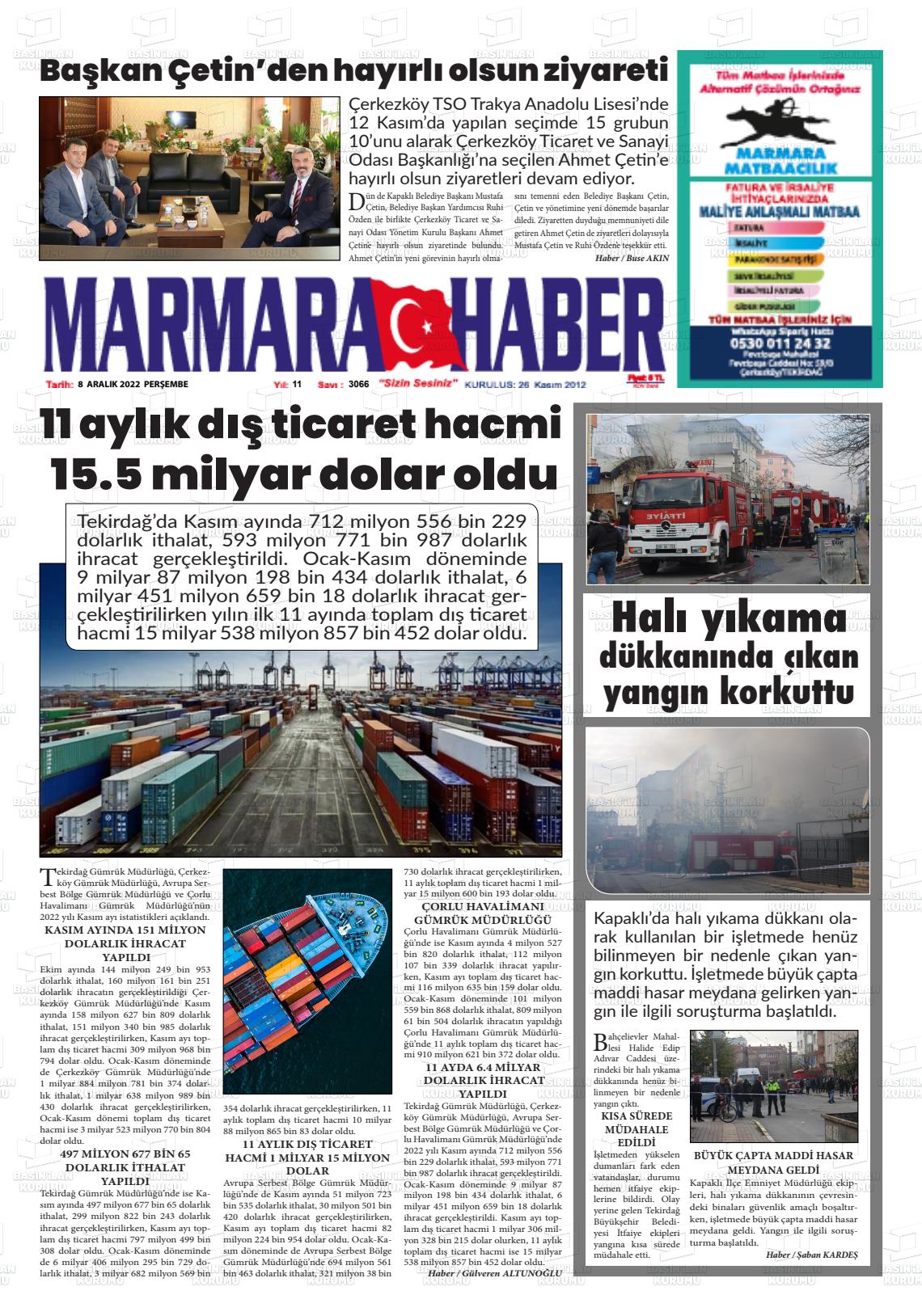 08 Aralık 2022 Marmara Haber Gazete Manşeti