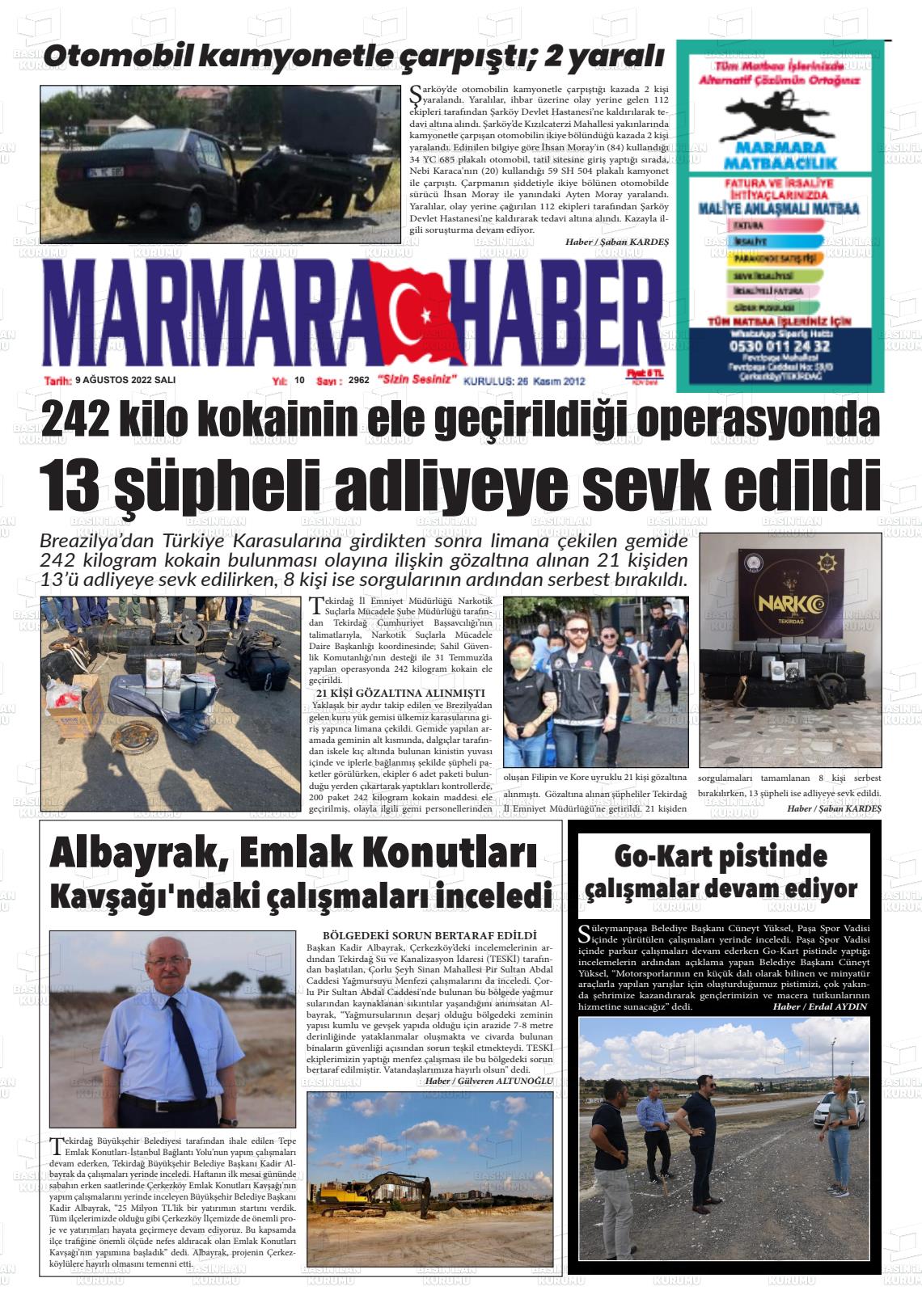 09 Ağustos 2022 Marmara Haber Gazete Manşeti