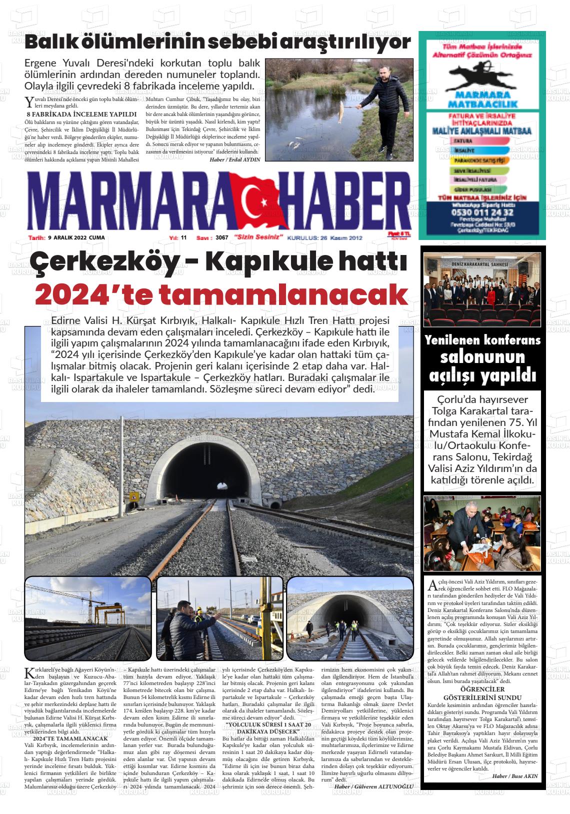 09 Aralık 2022 Marmara Haber Gazete Manşeti