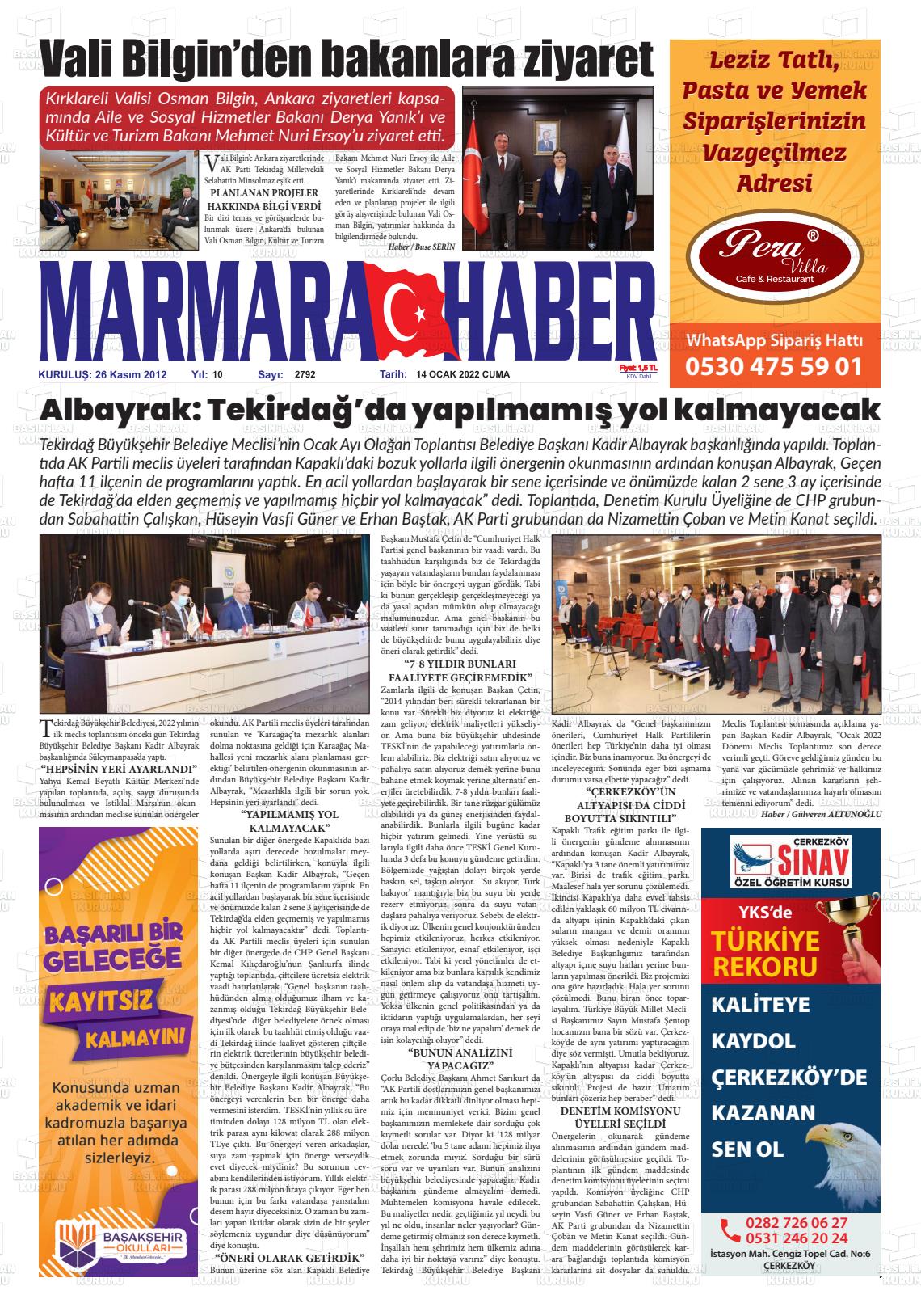 14 Ocak 2022 Marmara Haber Gazete Manşeti