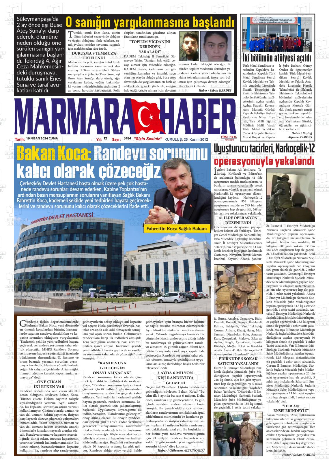 20 Nisan 2024 Marmara Haber Gazete Manşeti