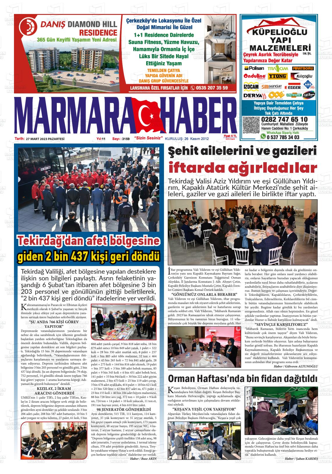 27 Mart 2023 Marmara Haber Gazete Manşeti