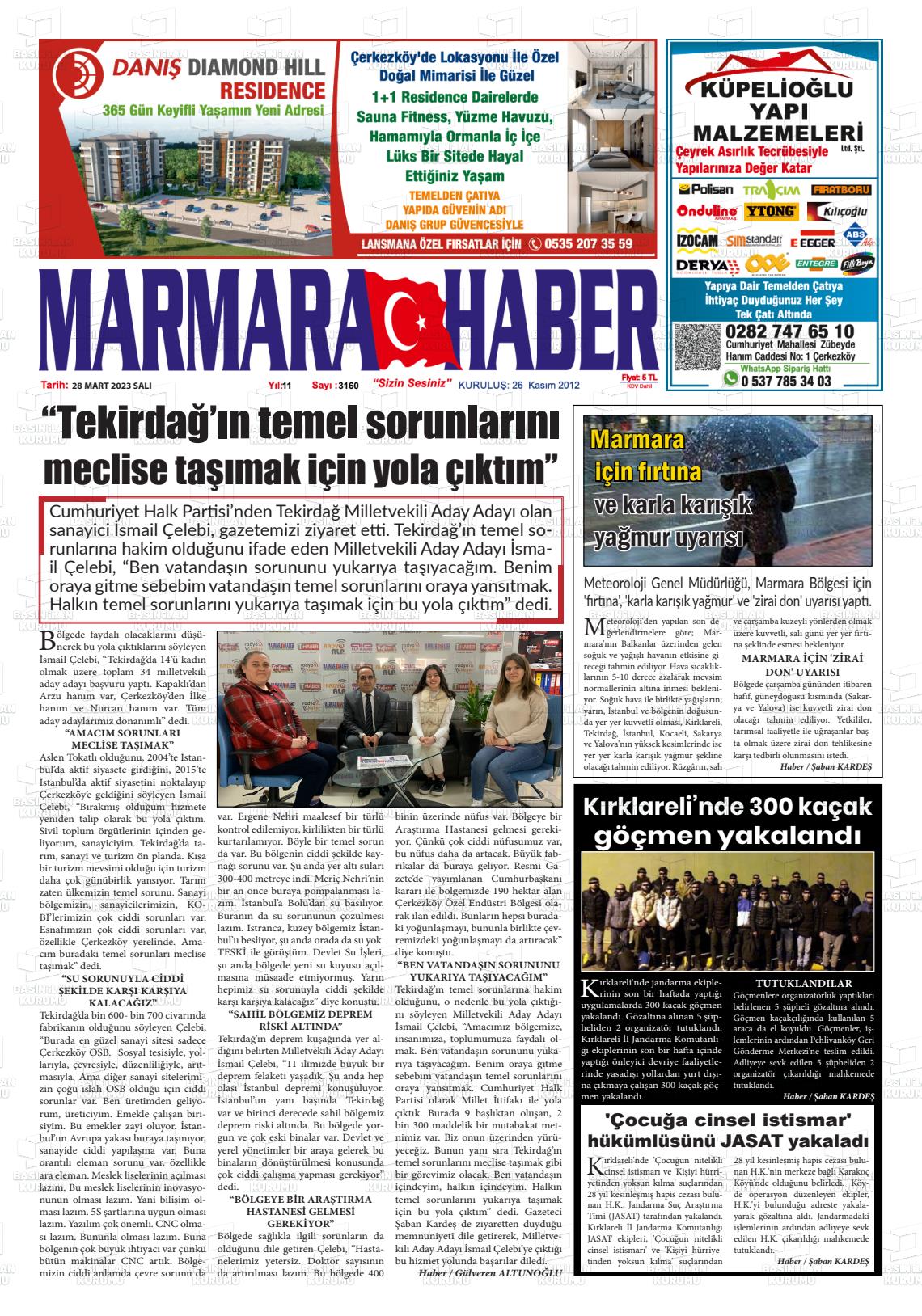 28 Mart 2023 Marmara Haber Gazete Manşeti