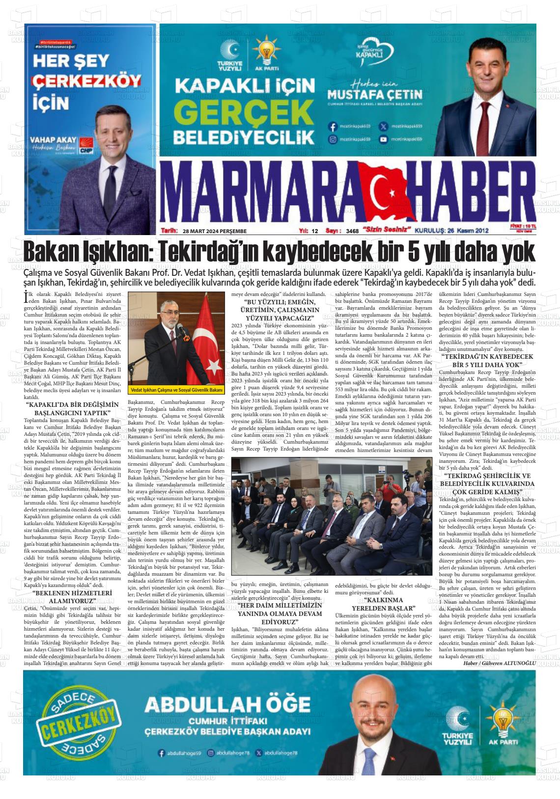 28 Mart 2024 Marmara Haber Gazete Manşeti