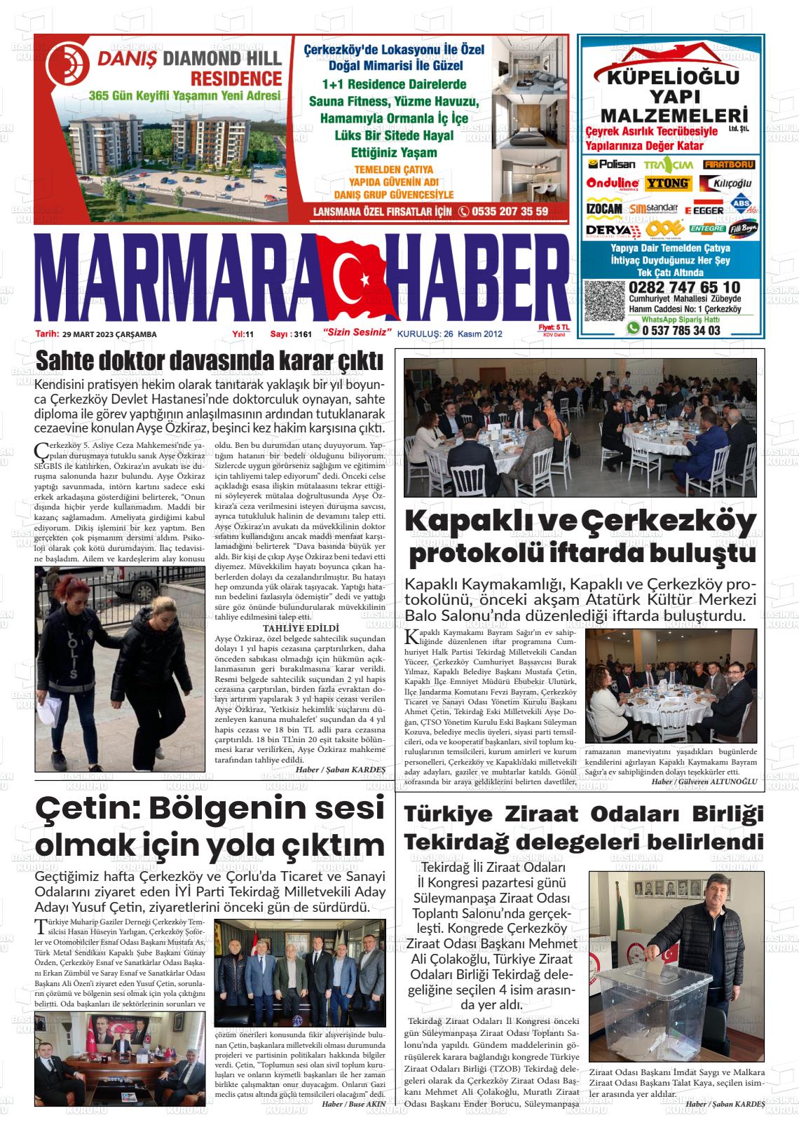 29 Mart 2023 Marmara Haber Gazete Manşeti