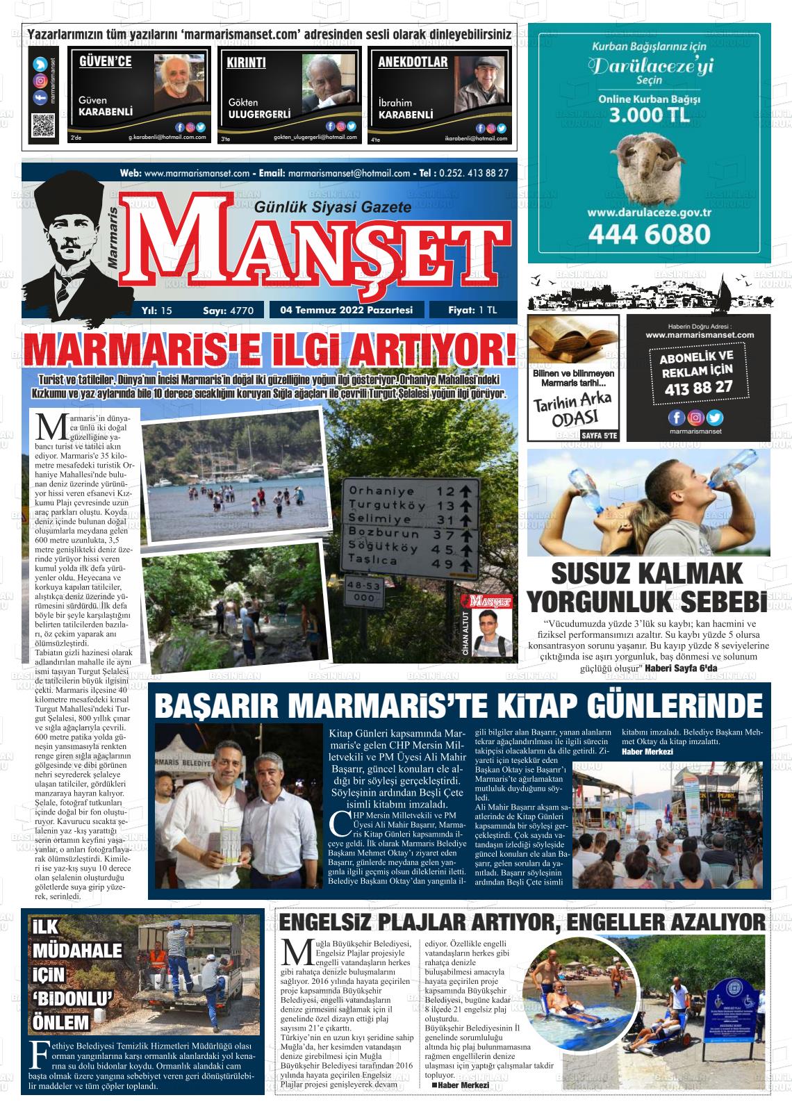 04 Temmuz 2022 Marmaris Manşet Gazete Manşeti