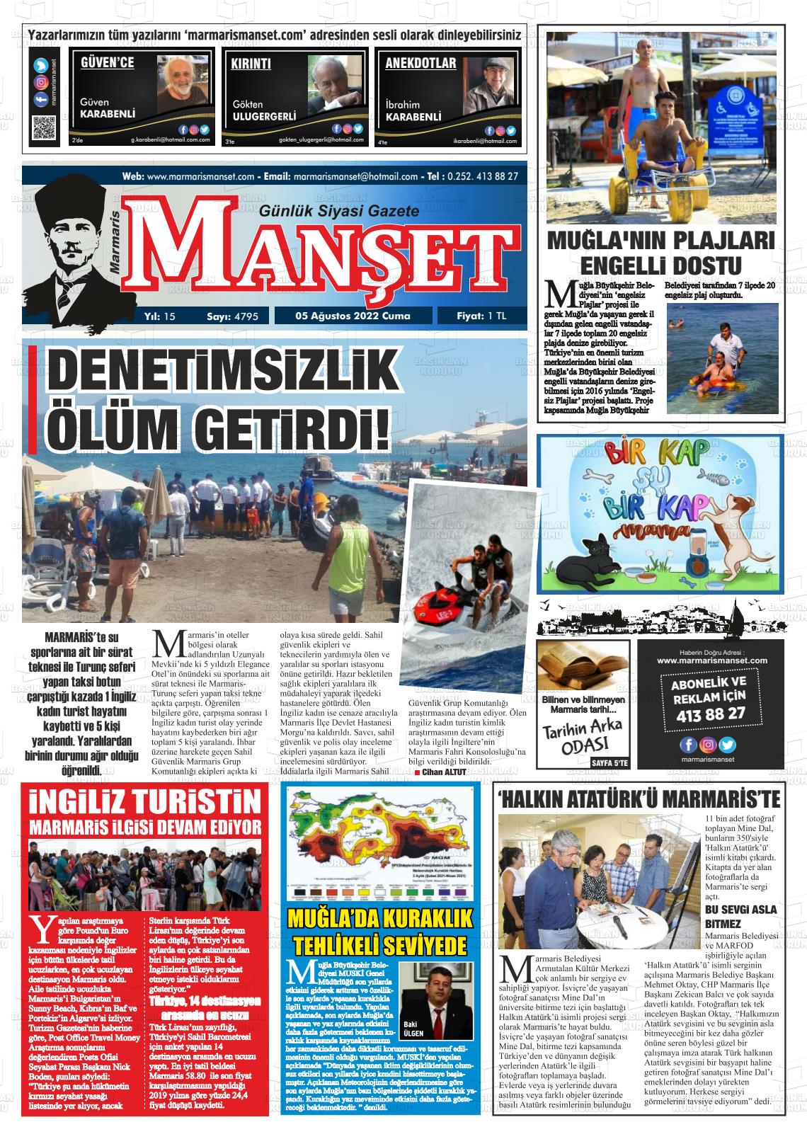 05 Ağustos 2022 Marmaris Manşet Gazete Manşeti