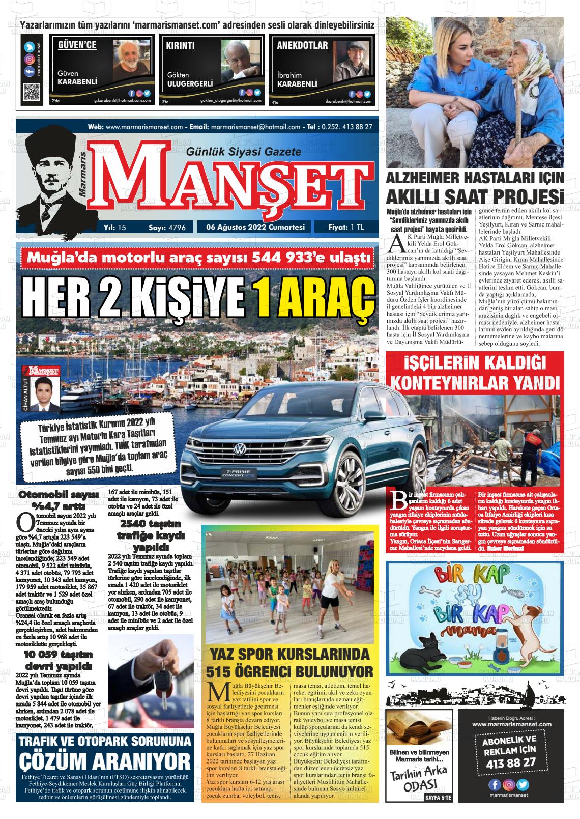 06 Ağustos 2022 Marmaris Manşet Gazete Manşeti