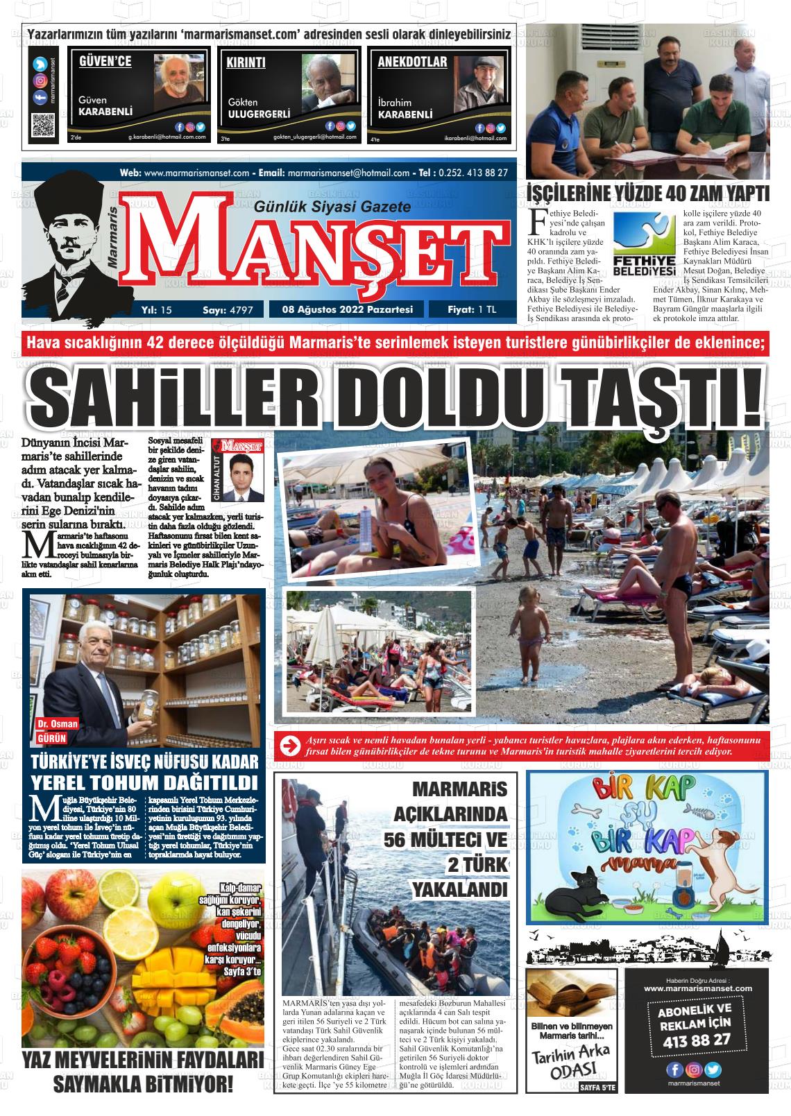 08 Ağustos 2022 Marmaris Manşet Gazete Manşeti
