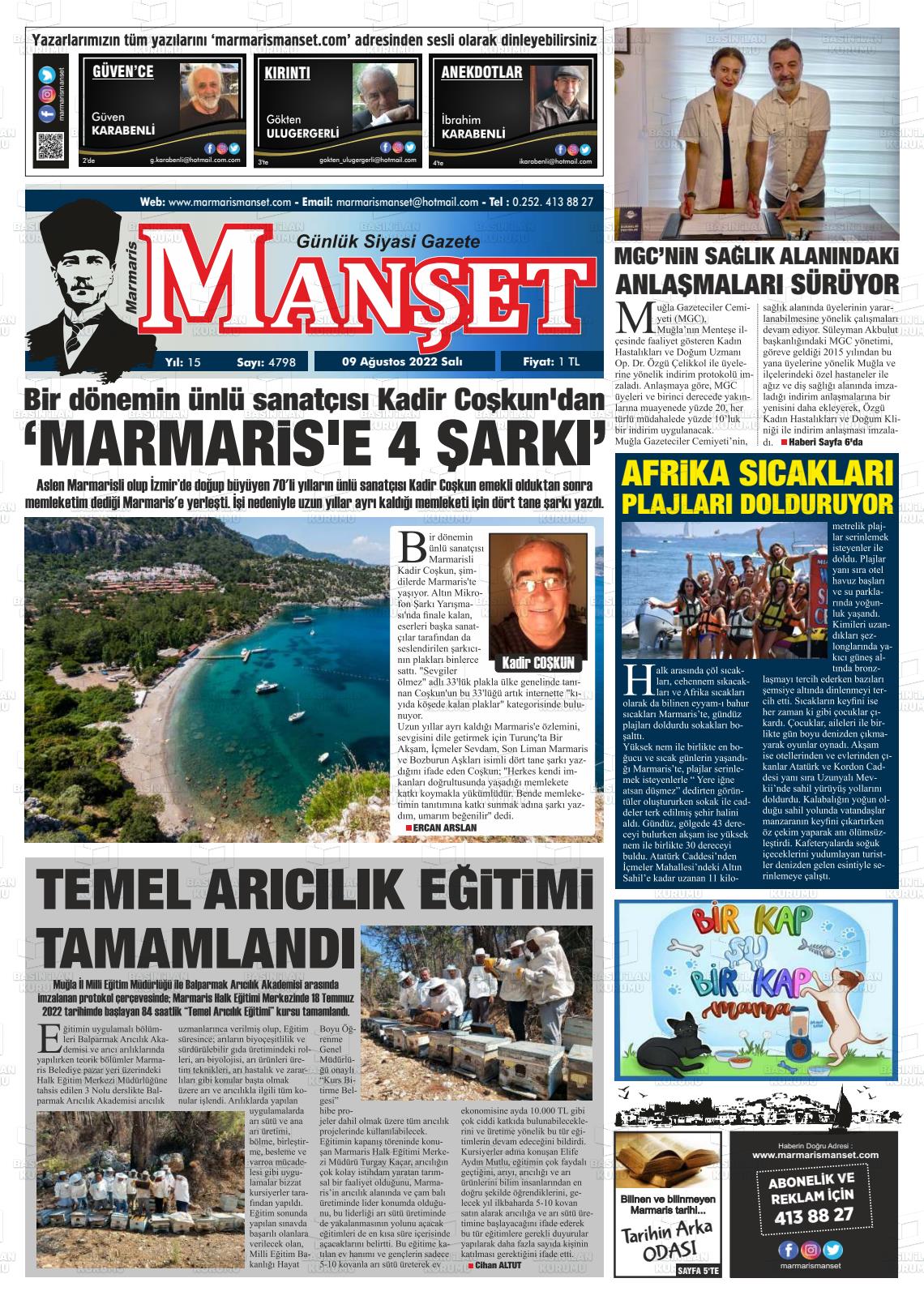 09 Ağustos 2022 Marmaris Manşet Gazete Manşeti