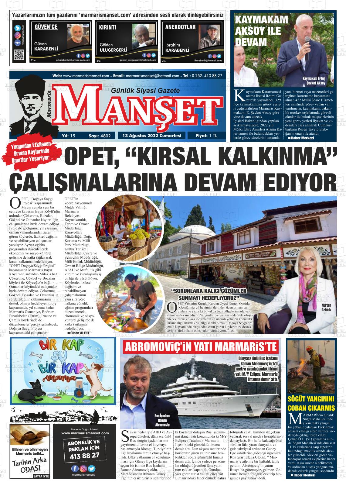13 Ağustos 2022 Marmaris Manşet Gazete Manşeti