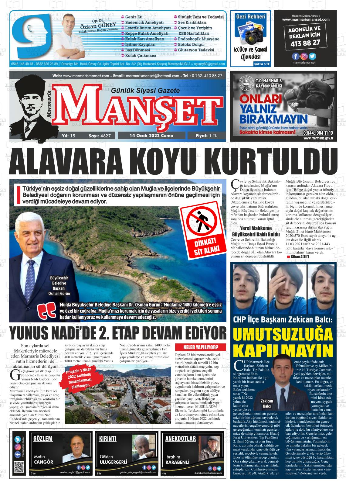 14 Ocak 2022 Marmaris Manşet Gazete Manşeti