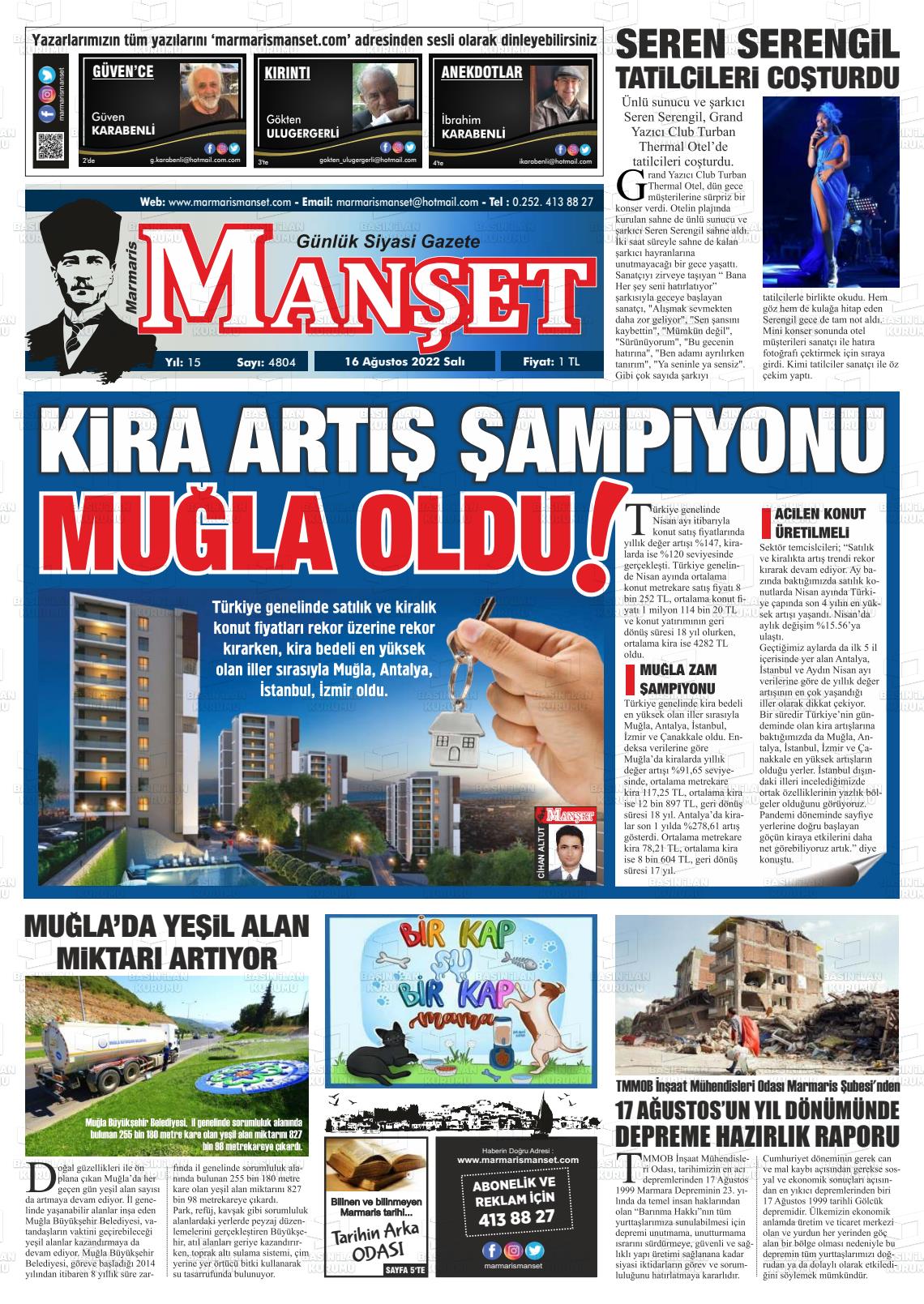 16 Ağustos 2022 Marmaris Manşet Gazete Manşeti