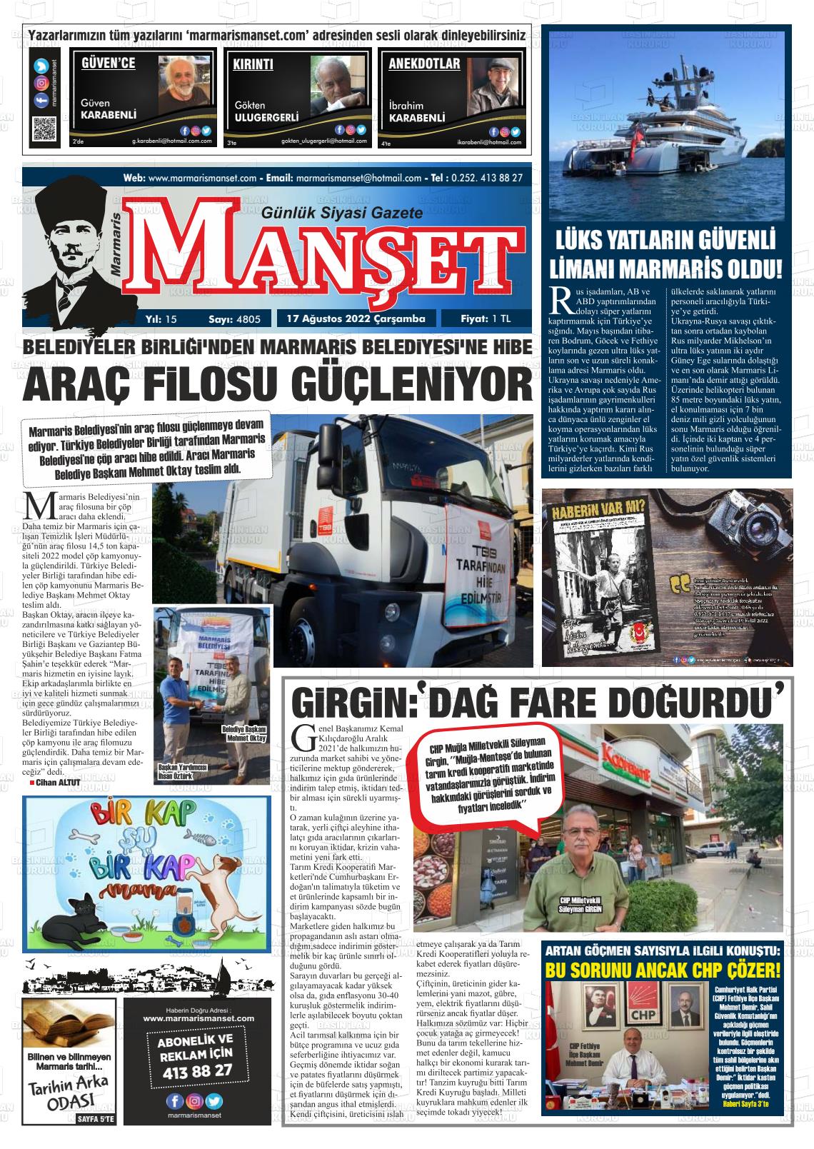 17 Ağustos 2022 Marmaris Manşet Gazete Manşeti
