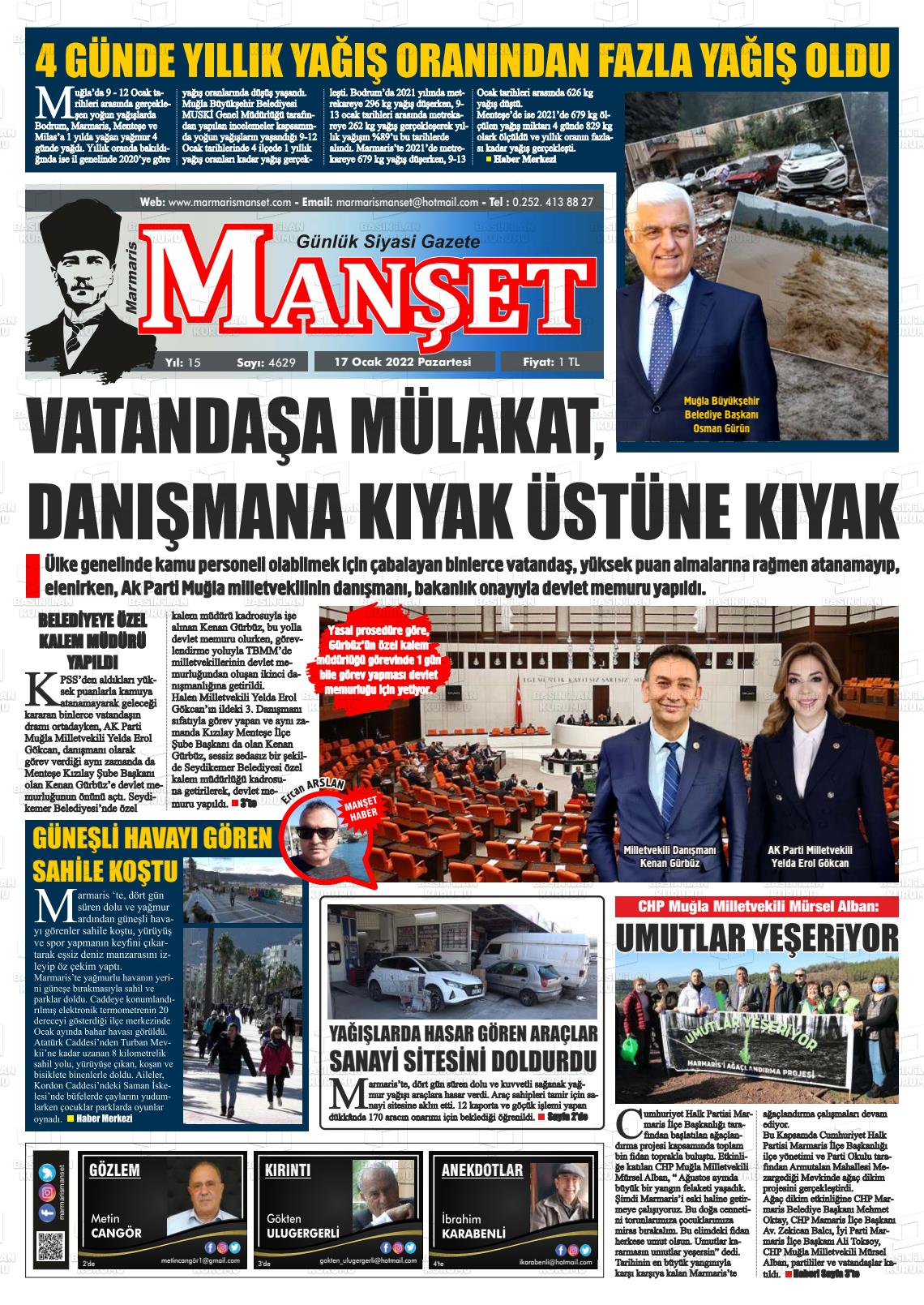 17 Ocak 2022 Marmaris Manşet Gazete Manşeti