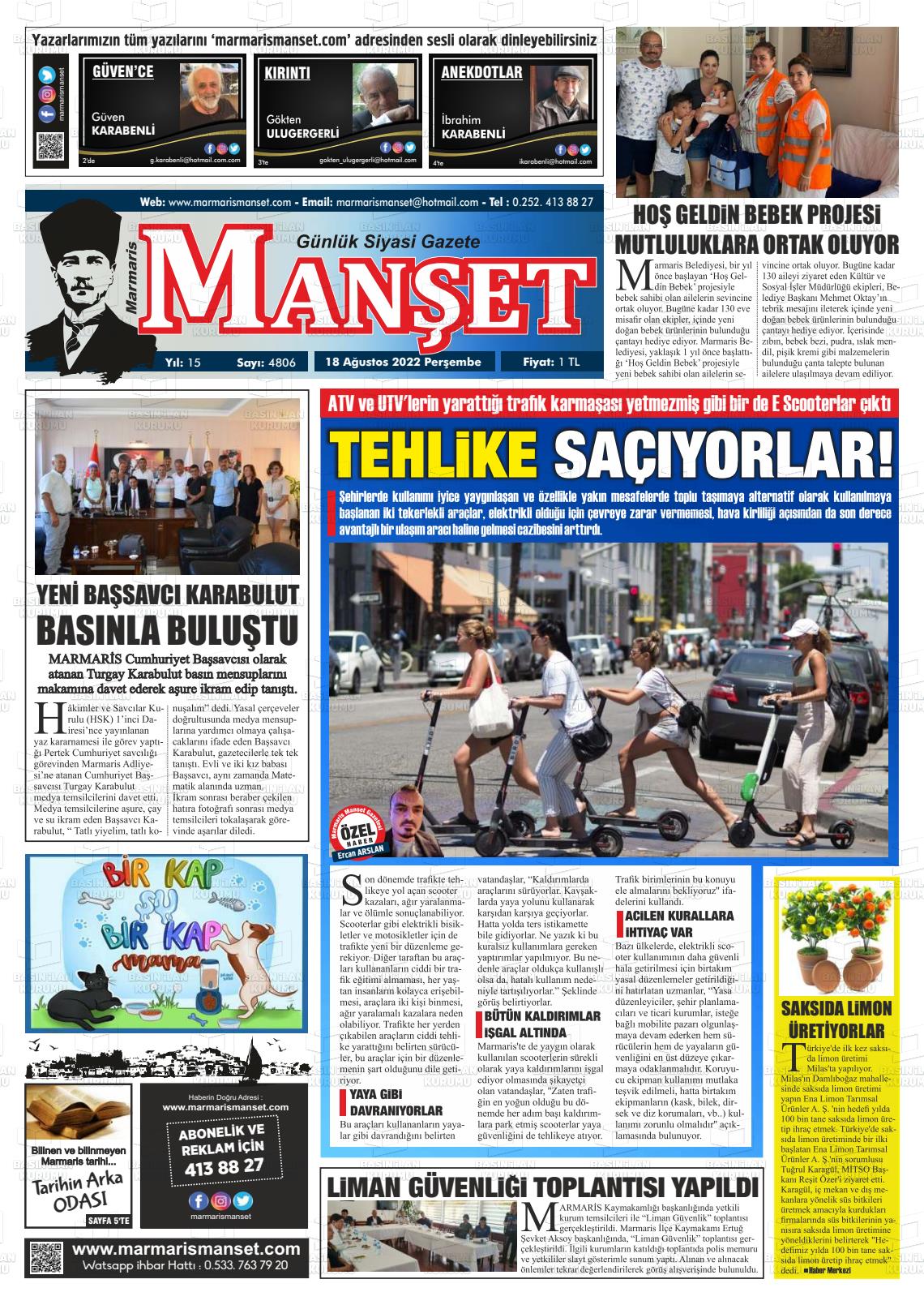 18 Ağustos 2022 Marmaris Manşet Gazete Manşeti