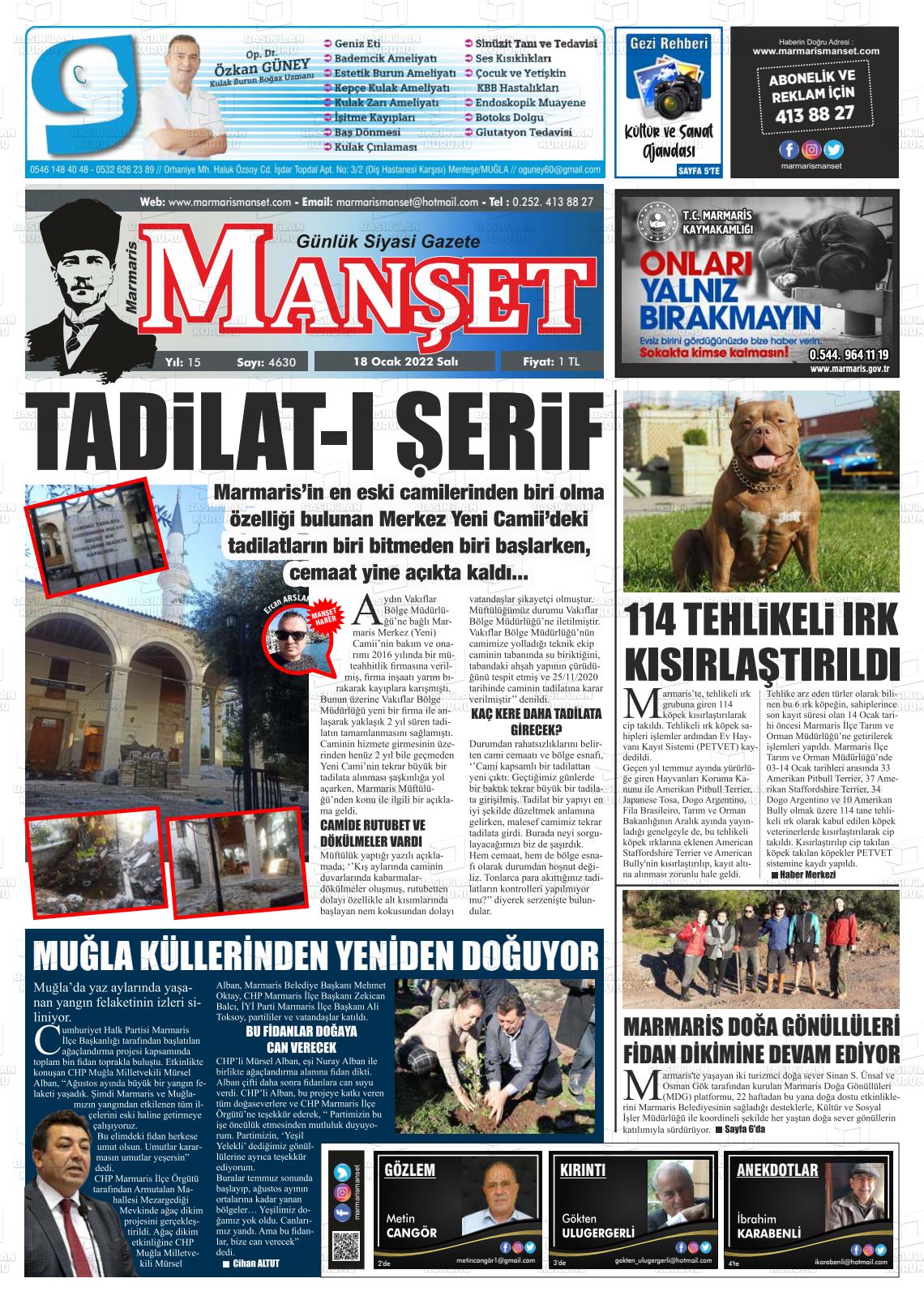 18 Ocak 2022 Marmaris Manşet Gazete Manşeti