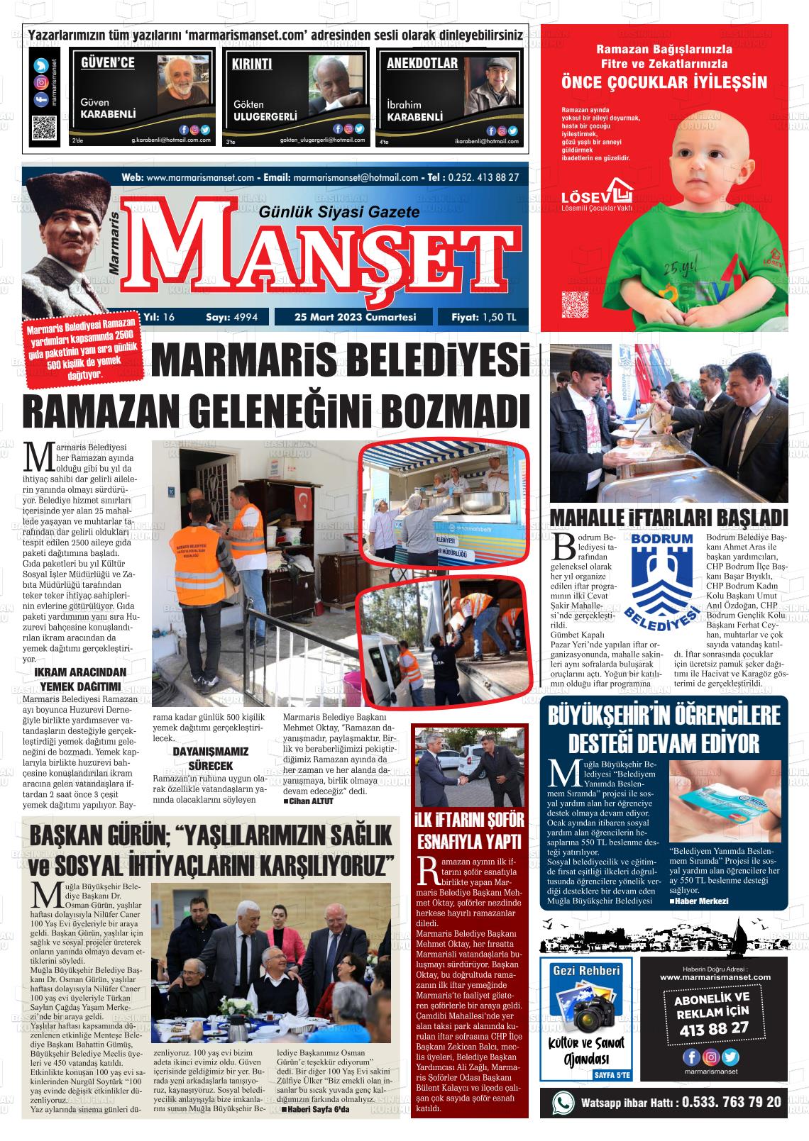 25 Mart 2023 Marmaris Manşet Gazete Manşeti