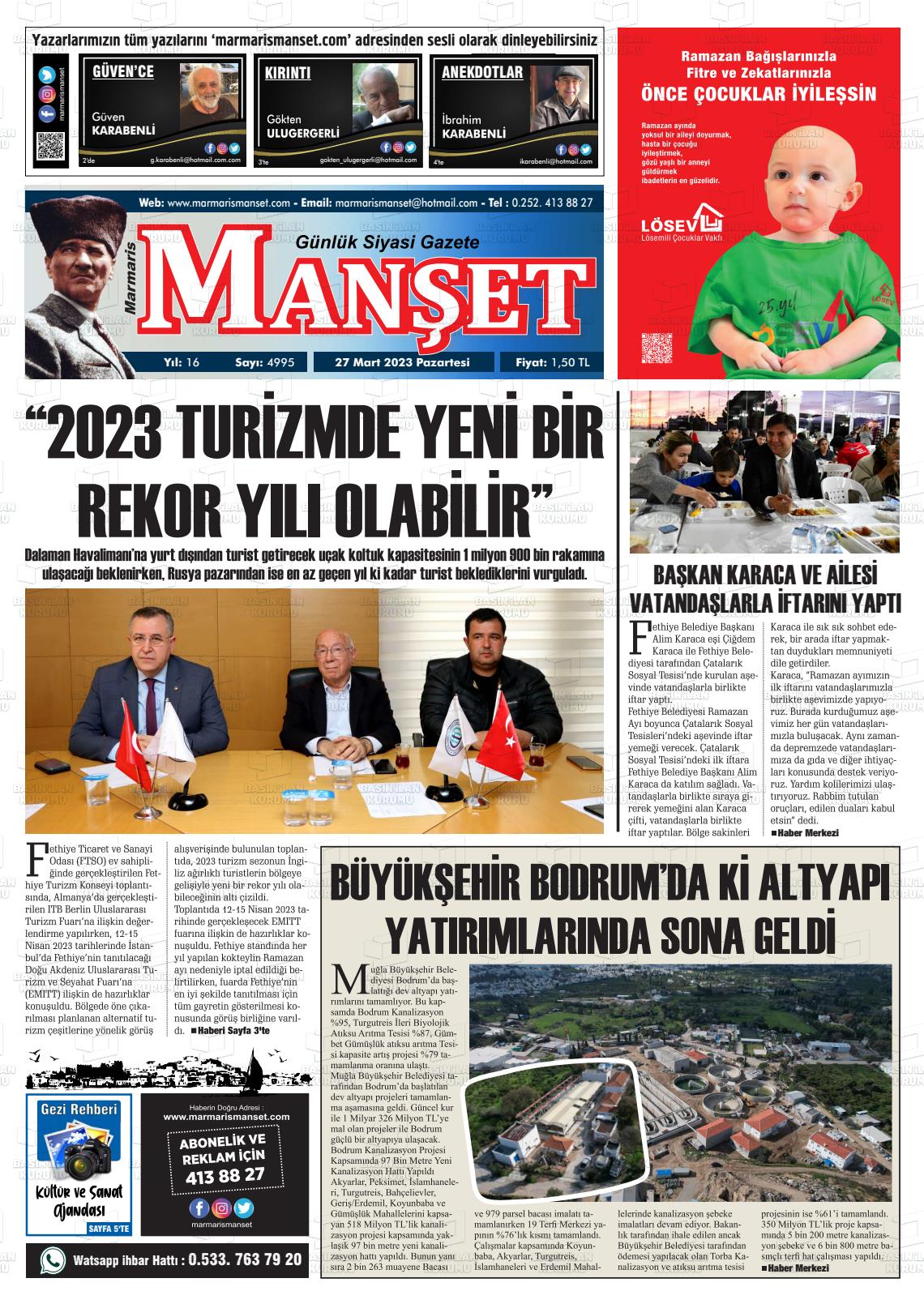27 Mart 2023 Marmaris Manşet Gazete Manşeti