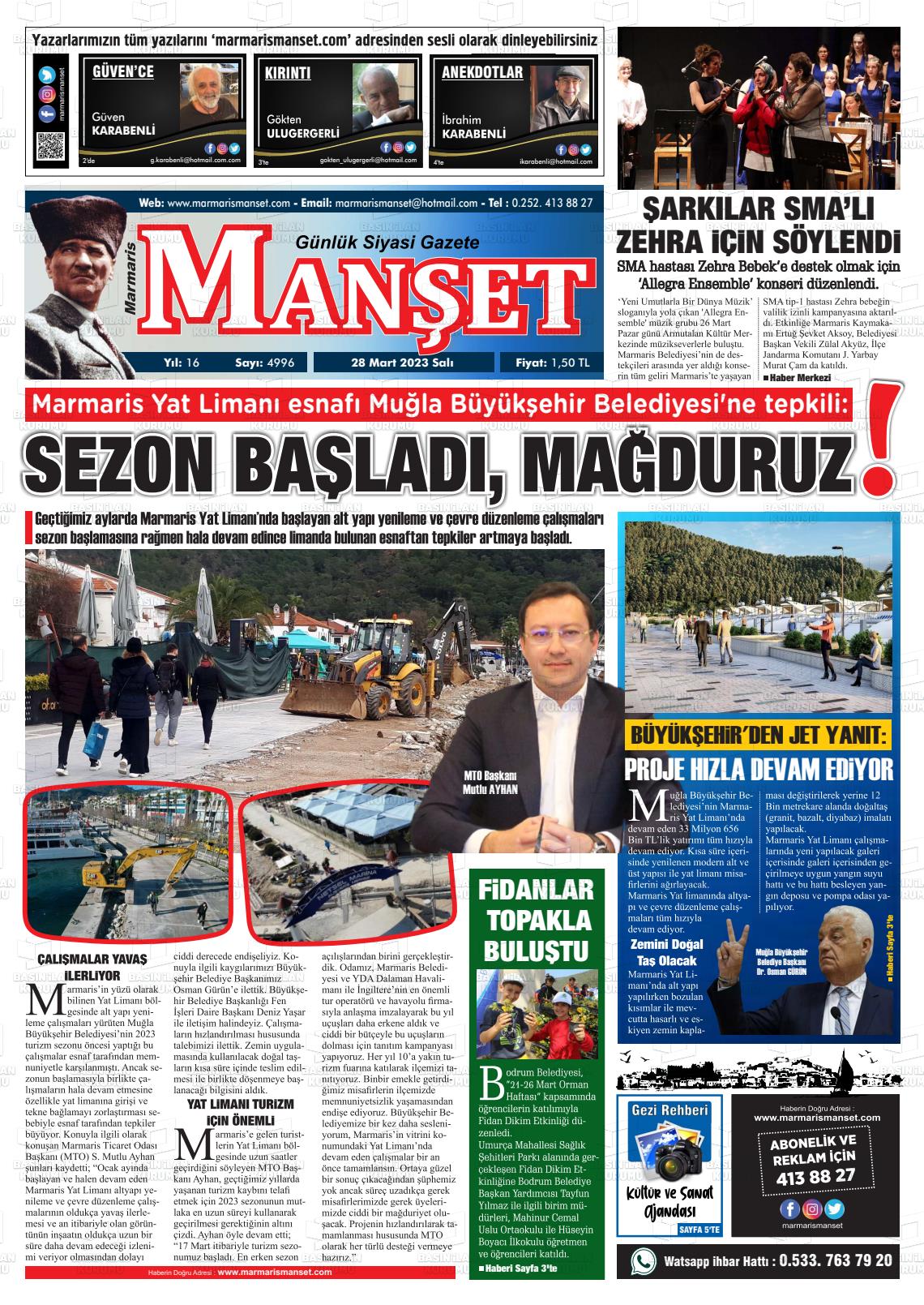 28 Mart 2023 Marmaris Manşet Gazete Manşeti