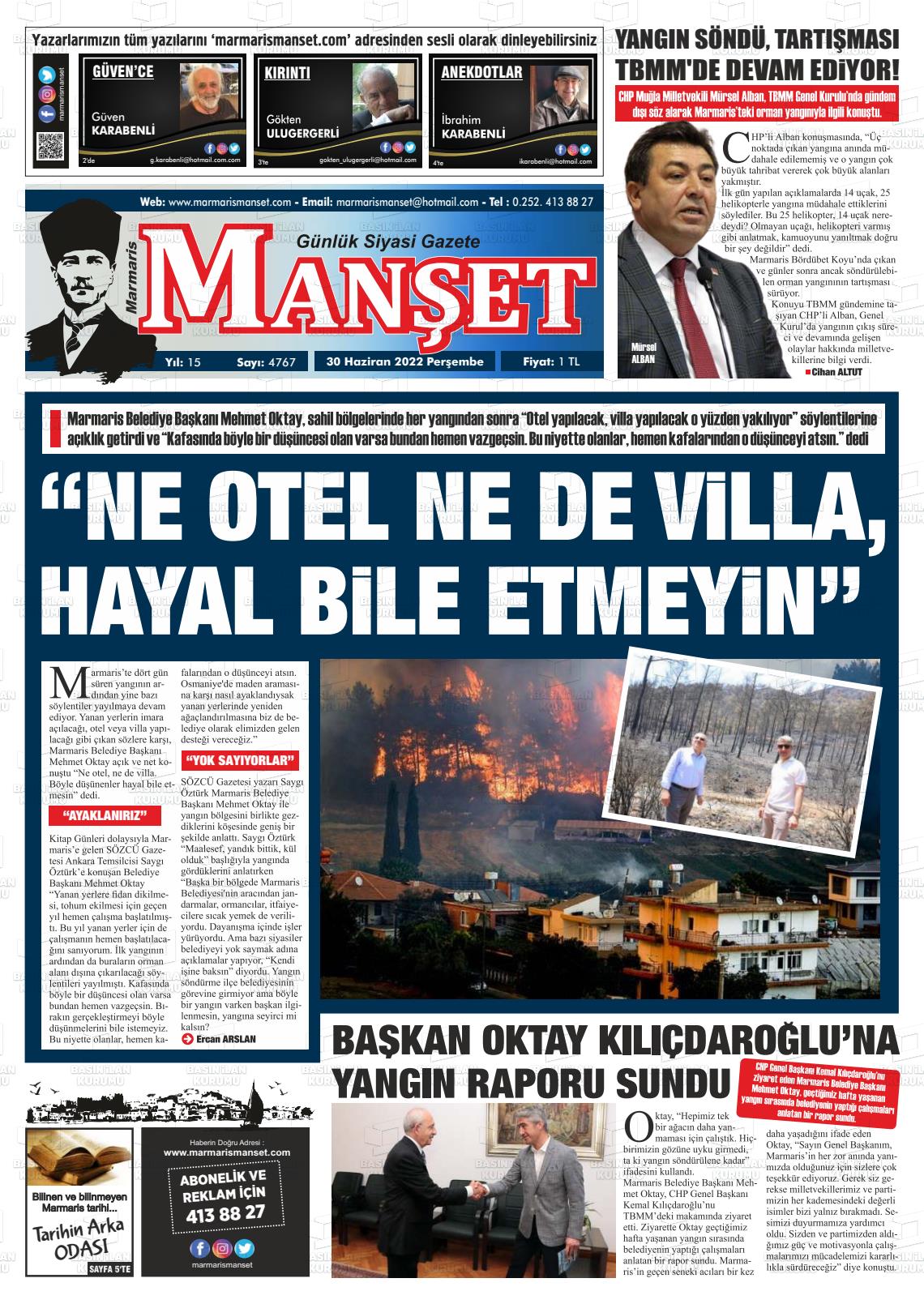 01 Temmuz 2022 Marmaris Manşet Gazete Manşeti
