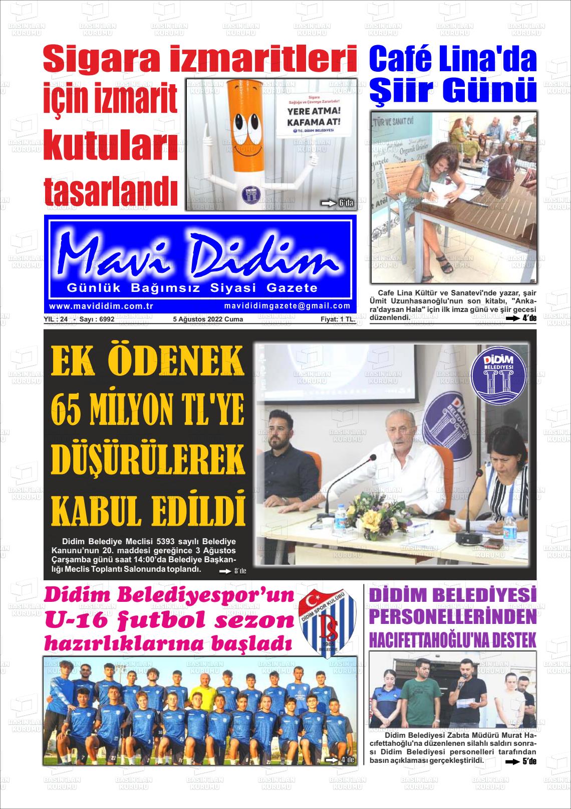 05 Ağustos 2022 Mavi Didim Gazete Manşeti