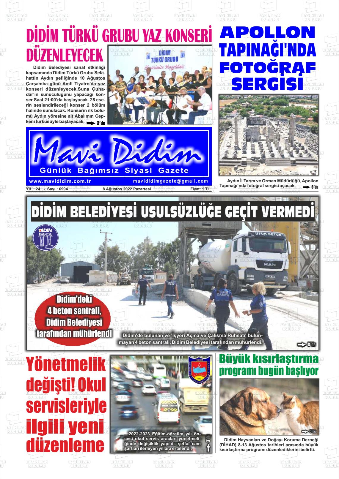 08 Ağustos 2022 Mavi Didim Gazete Manşeti