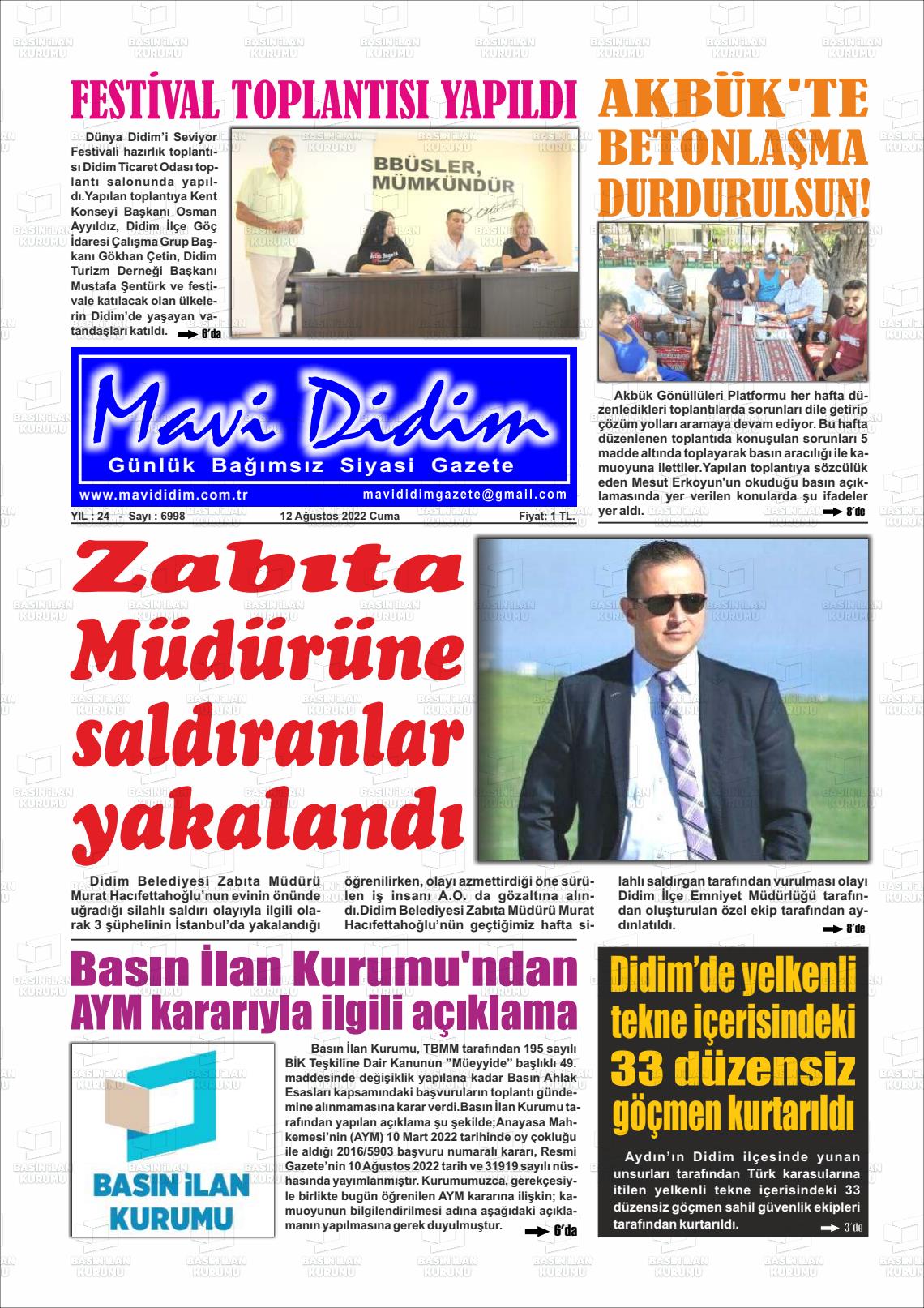 12 Ağustos 2022 Mavi Didim Gazete Manşeti