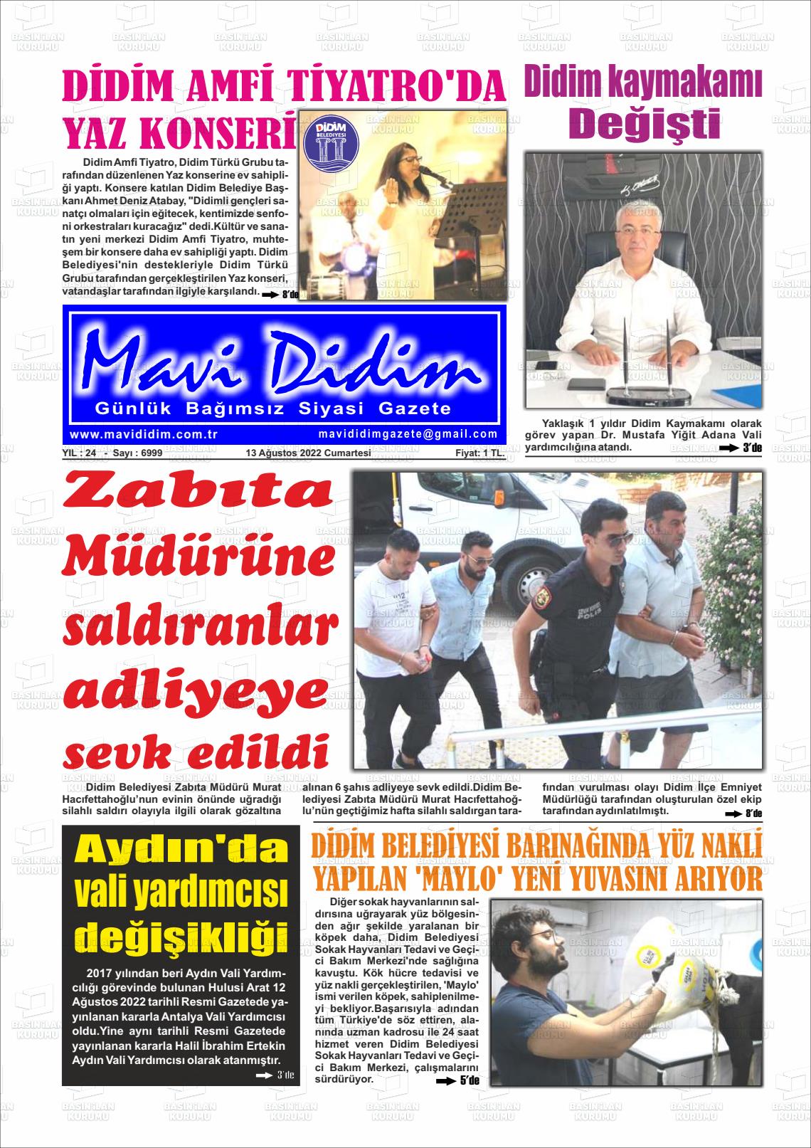 13 Ağustos 2022 Mavi Didim Gazete Manşeti