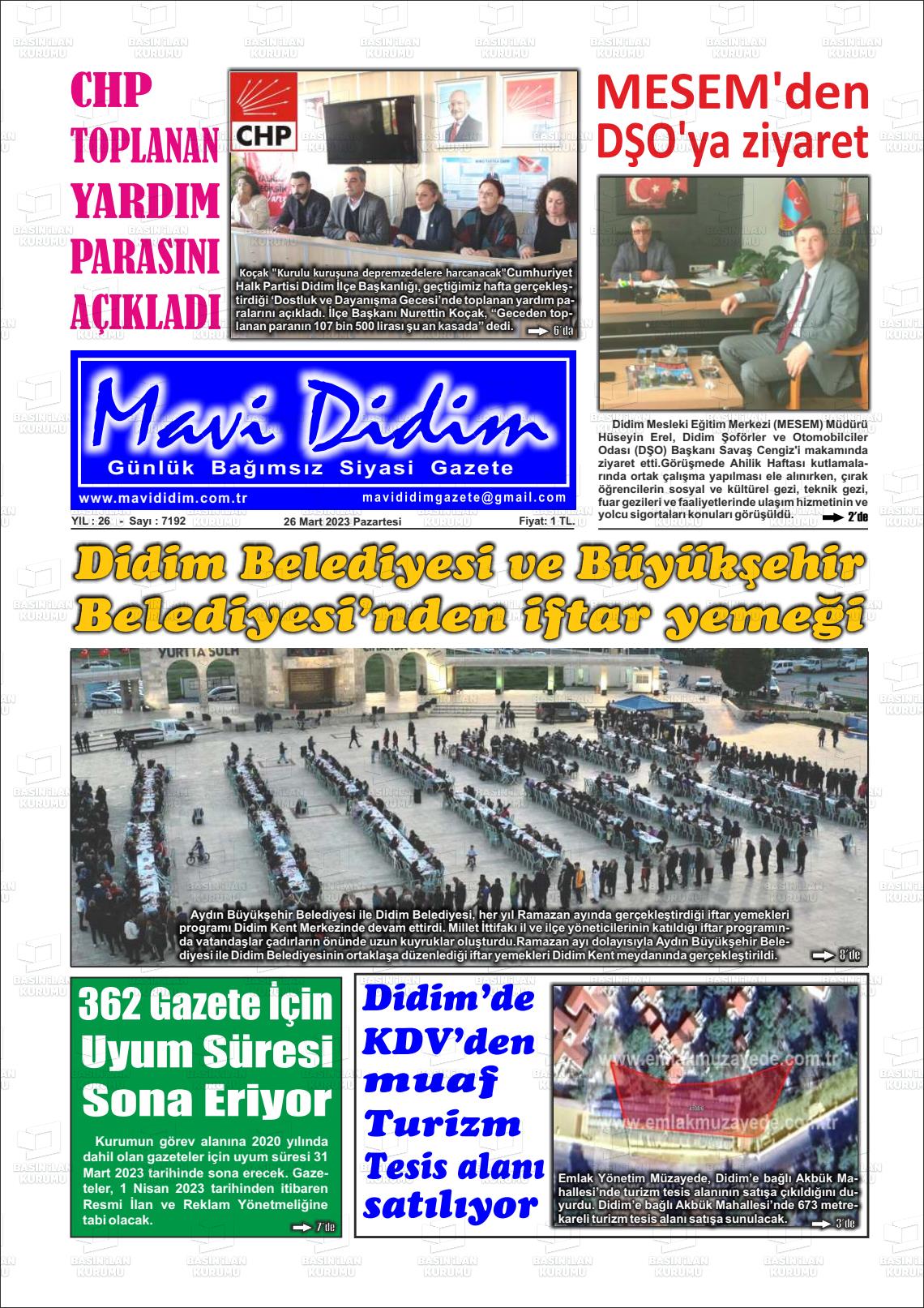 27 Mart 2023 Mavi Didim Gazete Manşeti