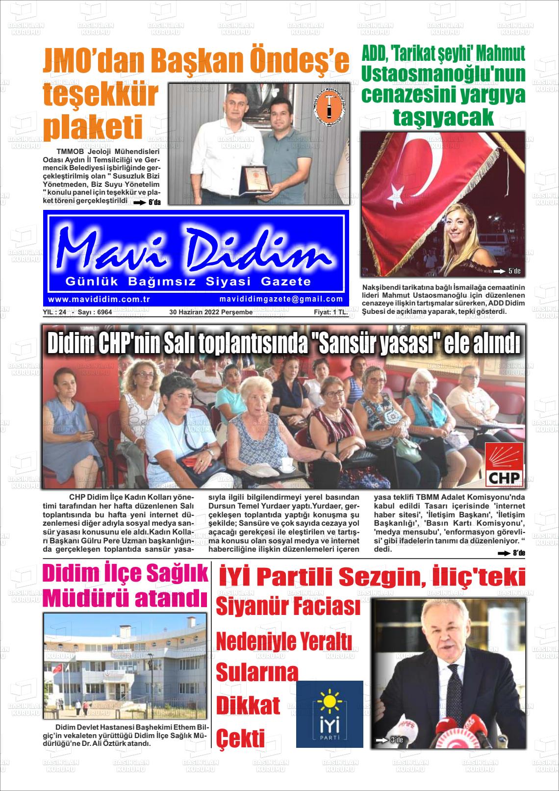 01 Temmuz 2022 Mavi Didim Gazete Manşeti