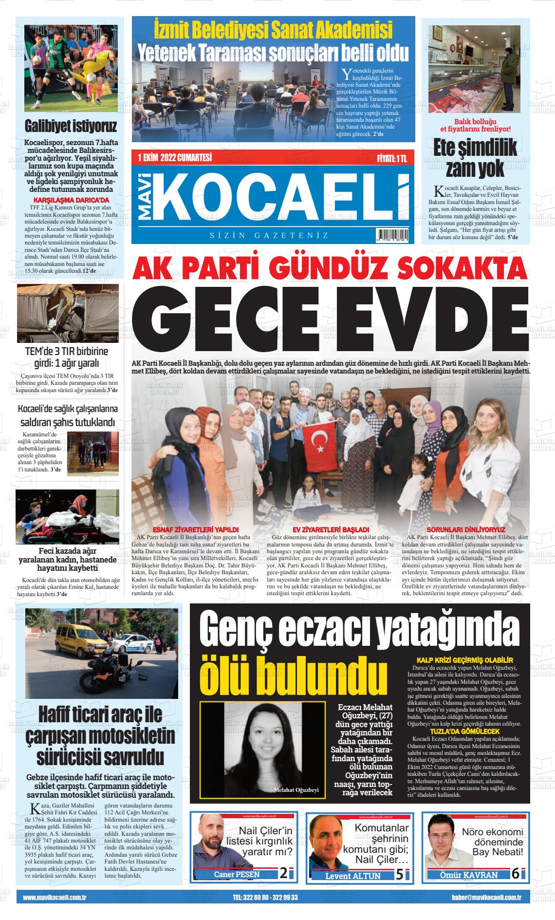 01 Ekim 2022 Mavi Kocaeli Gazete Manşeti