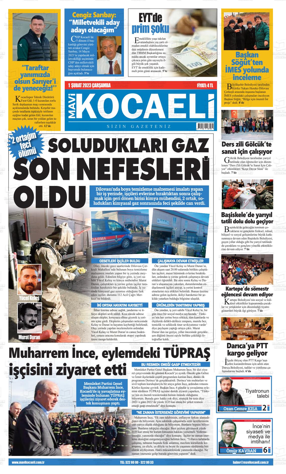 01 Şubat 2023 Mavi Kocaeli Gazete Manşeti